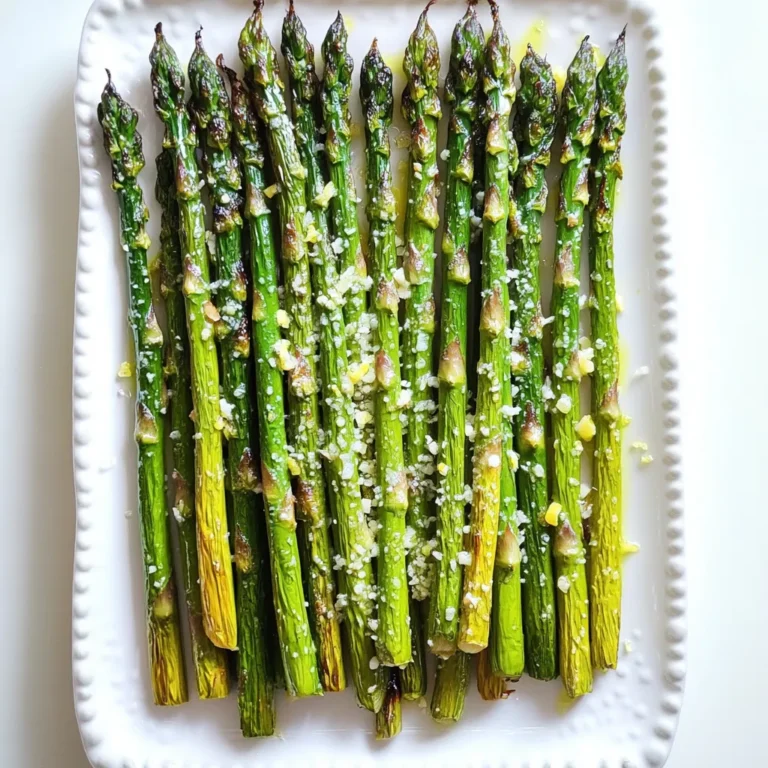 - 1 lb fresh asparagus, trimmed - 3 tablespoons olive oil - 4 cloves garlic, minced - Zest and juice of 1 lemon - 1 teaspoon salt - 1/2 teaspoon black pepper - 1/4 teaspoon red pepper flakes (optional) - 2 tablespoons grated Parmesan cheese (optional, for garnish) Using fresh asparagus makes a big difference. Fresh asparagus tastes better and has a nice crunch. Look for bright green stalks. They should be firm and straight, not limp. The tips should be closed and not mushy. Fresh garlic also adds a strong flavor. It brightens the dish and makes it more tasty. Lemon garlic roasted asparagus is not just delicious; it is healthy too. Asparagus is low in calories but high in vitamins. A serving has vitamin K, folate, and vitamin C. Olive oil adds healthy fats, which are good for your heart. Garlic boosts your immune system and adds flavor without extra calories. This dish is perfect for a light meal or side dish. First, you need to preheat your oven. Set it to 400°F (200°C). This step warms the oven so the asparagus cooks evenly. A hot oven helps to give the asparagus a nice, crispy texture. Next, grab 1 pound of fresh asparagus. Trim the tough ends off. You want to cut about an inch from the bottom. This part is often dry and hard. Rinse the asparagus under cold water to clean it. After rinsing, dry the asparagus with a paper towel. This helps the oil stick better. Now, take a large mixing bowl. Add the trimmed asparagus to the bowl. Pour in 3 tablespoons of olive oil. Then, add 4 cloves of minced garlic. Zest and juice 1 lemon, and add that too. Sprinkle in 1 teaspoon of salt, 1/2 teaspoon of black pepper, and 1/4 teaspoon of red pepper flakes if you like some heat. Use your hands or a spoon to toss everything together. Make sure the asparagus is coated well. You want every piece to have flavor. Once coated, spread the asparagus on a large baking sheet. Keep them in a single layer to roast well. Now, you are ready to roast your asparagus! To get that nice crunch, I suggest a few key steps. First, make sure your oven is fully preheated to 400°F (200°C). This helps the asparagus cook evenly. Spread the asparagus in a single layer on the baking sheet. Crowding them can lead to steaming instead of roasting. The right space allows hot air to circulate. Bake for 12 to 15 minutes. You'll know they are done when they look bright green and are tender yet crisp. If you want to change the flavor, try using different oils. Avocado oil is a great choice. It has a mild taste and high smoke point. Grapeseed oil works well too. For a richer flavor, consider using melted butter or ghee. Each oil brings a unique taste that can make your dish special. While lemon and garlic are classic, you can mix things up. Try adding herbs like thyme or rosemary for an earthy touch. For a spicy kick, use cayenne instead of red pepper flakes. You can also sprinkle some balsamic vinegar before serving. This adds a tangy twist that pairs nicely with the asparagus. {{image_2}} You can make this dish even better by adding other veggies. Try bell peppers, zucchini, or cherry tomatoes. Just cut them to the same size as the asparagus. Toss them with the same lemon garlic mix. This will add color and taste to your dish. If you want a vegan twist, skip the Parmesan cheese. The dish still tastes great without it. You can use nutritional yeast instead for a cheesy flavor. It is a tasty and healthy option for vegans. Herbs can boost the taste of your asparagus. Fresh thyme, rosemary, or parsley work well. Chop them finely and mix them in with the other ingredients. This adds depth to the flavor. You can also sprinkle fresh herbs on top after roasting. It makes the dish look pretty, too! To store Lemon Garlic Roasted Asparagus, let it cool first. Place it in an airtight container. This keeps it fresh for up to three days. Make sure to cover it well to avoid moisture loss. If you have extra garlic flavor, it will stay tasty. Reheating is easy. You can use the oven or microwave. For the oven, preheat it to 350°F (175°C). Spread the asparagus on a baking sheet. Heat for about 10 minutes or until warm. In the microwave, place the asparagus on a plate. Heat in short bursts of 30 seconds until hot. You can freeze this dish if you want to save it for later. First, cool the asparagus completely. Place it in a freezer-safe bag. Squeeze out the air before sealing. It can stay in the freezer for up to two months. When ready to eat, thaw it overnight in the fridge before reheating. You can tell asparagus is cooked when it is bright green and tender. It should bend slightly without breaking. A good test is to poke it with a fork. If it feels soft yet firm, it’s ready. Typically, roasting takes about 12-15 minutes at 400°F. If you like it crispy, check it at 10 minutes. Yes, you can use frozen asparagus. Just remember to thaw it first. Pat it dry with a towel to remove excess moisture. This ensures it roasts well. The flavor will be good, but fresh asparagus has a better texture. If using frozen, reduce the cooking time by a few minutes. Lemon Garlic Roasted Asparagus goes well with many dishes. It’s a great side for grilled chicken or fish. You can also serve it with pasta or quinoa for a light meal. Add it to salads for extra crunch. The lemon and garlic flavor adds zest to any plate. In this post, we explored key ingredients and their freshness, which impacts flavor. We shared step-by-step cooking instructions for perfect lemon garlic roasted asparagus. You learned tips for roasting and tried seasoning variations. Plus, we discussed ways to add more veggies and alternative options. Finally, we covered storage and reheating tips for leftovers. Fresh asparagus can enhance any meal. Enjoy experimenting with this healthy and tasty dish!