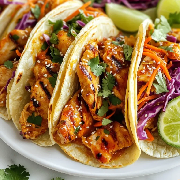 To make Spicy Korean Chicken Tacos, you need these main items: - 1 lb boneless, skinless chicken thighs - 8 small corn or flour tortillas - 1 cup shredded cabbage (green or purple) - 1 carrot, julienned - ½ cup fresh cilantro, chopped - Sesame seeds for garnish The marinade brings all the flavor. Use these ingredients: - 3 tablespoons gochujang (Korean chili paste) - 2 tablespoons soy sauce - 1 tablespoon sesame oil - 1 tablespoon honey - 2 cloves garlic, minced - 1 inch fresh ginger, grated These toppings add extra flavor and crunch: - Lime wedges for squeezing - Additional cilantro for garnish - Extra sesame seeds for a nice touch Gather these ingredients before you start cooking. This makes the process smooth and fun! {{ingredient_image_1}} First, gather your ingredients. You need gochujang, soy sauce, sesame oil, honey, garlic, and ginger. In a medium bowl, mix 3 tablespoons of gochujang, 2 tablespoons of soy sauce, 1 tablespoon of sesame oil, and 1 tablespoon of honey. Add 2 minced garlic cloves and 1 inch of grated ginger. Stir well until smooth. This marinade is key to the rich flavor of the chicken. Next, take your 1 pound of boneless, skinless chicken thighs. Place them in the bowl with the marinade. Use your hands to coat each piece well. Cover the bowl and let it sit for at least 30 minutes. If you have time, marinate for up to 2 hours in the fridge. This step makes the chicken juicy and full of flavor. Now, it’s time to cook. Preheat your grill or skillet over medium-high heat. Once hot, add the marinated chicken. Cook for about 5 to 7 minutes on each side. The chicken should reach an internal temperature of 165°F (75°C). When done, remove the chicken from heat and let it rest. After a few minutes, slice it into thin strips. Warm your tortillas in a dry skillet or on the grill. Lay down some shredded cabbage and julienned carrot on each tortilla. Place a few slices of the spicy chicken on top. The crunch from the cabbage and carrot balances the spicy chicken well. Top each taco with fresh chopped cilantro and a sprinkle of sesame seeds. Serve with lime wedges on the side. Squeeze the lime over the tacos just before eating for a zesty kick. Enjoy your spicy Korean chicken tacos! Use boneless, skinless chicken thighs. They stay juicy and cook well. Thighs hold flavor better than breasts. If you prefer a leaner option, chicken breasts work too. Just be careful not to overcook them. Marinating is key to great taste. Mix gochujang, soy sauce, sesame oil, honey, garlic, and ginger. Let your chicken sit in this mix for at least 30 minutes. For even more flavor, marinate it for two hours. This helps the chicken absorb all the delicious spices. You can grill, pan-fry, or bake the chicken. Grilling gives a smoky taste. Pan-frying allows for a nice crust. Baking is easy and hands-off. No matter the method, ensure the chicken reaches 165°F (75°C). This keeps it safe to eat and perfectly cooked. Pro Tips Marinate Longer for Flavor: For the best flavor, marinate the chicken for at least 2 hours, or even overnight. This allows the spices to penetrate the meat thoroughly. Use Fresh Ingredients: Fresh ginger and garlic will elevate the flavors of your marinade, making your tacos even more delicious. Adjust the Heat: If you prefer your tacos less spicy, reduce the amount of gochujang or mix in a little mayonnaise to balance the heat. Perfectly Warm Tortillas: To get soft and pliable tortillas, warm them on a dry skillet over medium heat for about 30 seconds on each side. {{image_2}} You can swap chicken thighs for chicken breasts if you prefer. They are leaner but still tasty. For a vegetarian option, use tofu or tempeh. You can also try using shrimp for a seafood twist. Instead of gochujang, use sriracha for a different heat level. If you cannot find sesame oil, olive oil works too. Feel free to get creative with your taco styles. Use lettuce wraps instead of tortillas for a low-carb option. You can also try soft flour tortillas or crunchy corn shells. For a fusion twist, try using a bao bun instead. Add kimchi to your tacos for an extra kick. These tacos go great with many side dishes. Try serving them with a simple cucumber salad. A side of pickled radishes adds a nice crunch. You can also make some spicy fries for extra flavor. For a refreshing drink, serve iced tea or a light beer. Store leftover chicken in an airtight container. Keep it in the fridge for up to three days. Make sure it cools before sealing. If you want to keep it longer, freeze it. It can last up to three months in the freezer. Just remember to label your container with the date. Tacos are best when fresh, but you can store extras. If you have leftover tacos, separate the chicken from the toppings. Wrap the tortillas in foil or plastic wrap. Store the chicken and toppings in separate airtight containers. This helps keep everything fresh and prevents sogginess. To reheat chicken, place it in a skillet over medium heat. Cook for about 5 minutes until heated through. For the tortillas, warm them in a dry skillet for 1-2 minutes. This brings back their softness. You can also microwave the chicken for a quick option. Just cover it to keep moisture in. Gochujang is a spicy Korean chili paste. It has a sweet and salty taste. You can find it at Asian grocery stores or online. Look in the international aisle of big stores too. It comes in a red tub or jar. You can use it in many dishes, not just tacos. Yes, you can prepare these tacos ahead of time. Marinate the chicken up to two hours before cooking. You can also chop the veggies and warm the tortillas. Store everything separately in the fridge. Just assemble the tacos right before serving. This keeps them fresh and tasty. These tacos go well with many drinks. Try a light beer for a refreshing choice. A fruity soda can also be nice. If you prefer cocktails, a margarita pairs well too. For a non-alcoholic option, serve iced tea with lemon. Each drink enhances the spicy flavors of the tacos. Spicy Korean chicken tacos combine bold flavors and fun prep steps. We explored the key ingredients, from marinade basics to optional toppings. You learned how to marinate, cook, and assemble these tasty tacos. I shared tips to enhance flavor and alternative cooking methods. Variations let you mix things up, and storage tips help keep leftovers fresh. Now, you can enjoy these spicy tacos any time. Get creative and share your own twists!