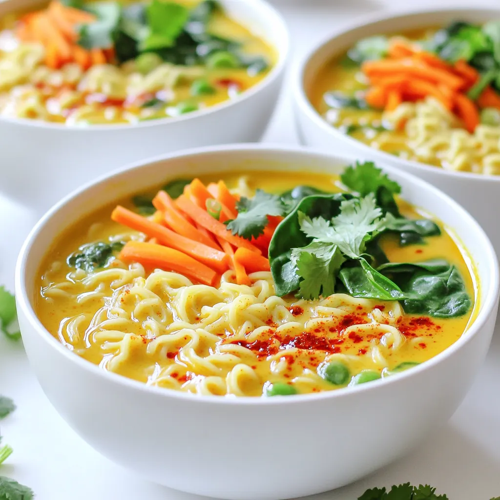 - 200g ramen noodles - 1 can (400ml) coconut milk - 2 tablespoons red curry paste - 1 tablespoon vegetable oil - 1 cup vegetable broth - 1 tablespoon soy sauce - 1 tablespoon lime juice - 1 cup baby spinach - 1 carrot, julienned - 1 bell pepper, thinly sliced (any color) - 1 inch ginger, grated - 2 cloves garlic, minced - Fresh cilantro for garnish - Sliced green onions for garnish - Red chili flakes (optional for extra heat) You need a few simple tools to make this dish. Here’s what I use: - A large saucepan - A pot for boiling water - A cutting board - A knife - A measuring cup and spoons - A spoon for stirring You can swap some ingredients if needed. Here are my favorite options: - Use any noodle type, like soba or udon. - Swap coconut milk with almond or cashew milk for a different taste. - Try yellow or green curry paste if red isn't available. - Use tofu or chickpeas instead of vegetables for protein. - Lime juice can be replaced with lemon juice for a similar zing. Start with a pot of boiling water. Add 200g of ramen noodles. Cook them as the package says. This usually takes about 3 to 5 minutes. Once soft, drain the noodles. Put them aside for now. Grab a large saucepan and set it on medium heat. Pour in 1 tablespoon of vegetable oil. Once hot, add 2 minced garlic cloves and 1 inch of grated ginger. Sauté for about 1 minute. You want the kitchen to smell nice. Next, add 1 cup of julienned carrots and 1 sliced bell pepper. Cook these for 2 to 3 minutes. They should soften but still be a bit crisp. Now, it’s time to make the broth. Add 2 tablespoons of red curry paste to the pan. Stir it for about 1 minute until it smells great. Then, slowly pour in 1 can of coconut milk and 1 cup of vegetable broth. Mix everything well and bring it to a simmer. Add 1 tablespoon of soy sauce and 1 tablespoon of lime juice. Let the curry simmer for 5 to 10 minutes. This helps all the flavors mix well. Stir in 1 cup of baby spinach. Watch it wilt in the hot broth. Finally, add the drained ramen noodles to the pan. Gently toss the noodles in the broth. You want them to soak up all that flavor. Serve the ramen hot. Top it with fresh cilantro, sliced green onions, and some red chili flakes if you like more heat. Enjoy! To cook ramen noodles just right, follow these steps: - Use plenty of water to boil the noodles. - Add the noodles to boiling water. - Cook for 3-5 minutes as per the package. - Stir occasionally to prevent sticking. - Drain and rinse under cold water to stop cooking. These steps ensure your noodles stay firm and don't get mushy. You can boost the flavor of your Spicy Coconut Curry Ramen. Here are some ideas: - Add red chili flakes for more heat. - Sprinkle in a bit of cumin for warmth. - Try some turmeric for a golden touch. - Use fresh herbs like basil or mint for brightness. - A dash of fish sauce can deepen the umami flavor. Experiment with these spices to find your perfect taste. Serving your ramen can be as fun as cooking it. Here are some ideas: - Serve hot in a deep bowl for a cozy feel. - Top with fresh cilantro and green onions for color. - Add lime wedges for a zesty splash. - Pair with a side salad for freshness. - Enjoy with crispy spring rolls for extra crunch. These tips will make your meal even more enjoyable. {{image_2}} You can easily make this ramen vegetarian or vegan. Use vegetable broth instead of chicken broth. For a vegan twist, replace any honey with maple syrup. Also, ensure your red curry paste is vegan. Many brands are vegan-friendly, but it’s good to check the label. Add more veggies like mushrooms or zucchini for depth. They add great texture and flavor. If you want extra protein, consider adding chicken, tofu, or shrimp. For chicken, cook bite-sized pieces in the pan after sautéing the garlic and ginger. For shrimp, add them when you pour in the coconut milk. They cook quickly and add a nice touch. Tofu is great too! Just press and cube it, then sauté it with the veggies for a crispy texture. To control spice, adjust the red curry paste. Start with less if you prefer milder flavors. You can also leave out the red chili flakes. For heat lovers, add more chili flakes or a dash of hot sauce. Fresh jalapeños or sliced Thai chilies can also spice things up! Just remember, you can always add more heat, but it’s hard to take it away once it’s in. To store your Spicy Coconut Curry Ramen, let it cool first. Place it in an airtight container. You can keep it in the fridge for up to three days. Make sure to separate the noodles from the broth if possible. This helps keep the noodles from getting soggy. When you're ready to eat, reheat your ramen on the stove. Pour the curry broth into a pot and heat it over medium heat. Add the noodles and any leftover veggies. Stir gently until everything is warm. You can also use a microwave. Just make sure to use a microwave-safe bowl. Heat in short bursts, stirring in between, until hot. If you want to freeze your ramen, follow this method. Store the broth and noodles separately in freezer-safe containers. You can freeze it for up to three months. When you’re ready to enjoy it again, thaw in the fridge overnight. Then reheat it as mentioned before. This keeps the flavors fresh and tasty. Spicy Coconut Curry Ramen is a delicious noodle dish. It combines ramen noodles with a rich coconut curry broth. You use coconut milk, red curry paste, and fresh veggies. The dish is both creamy and spicy, perfect for a cozy meal. Yes, you can use different noodles! If you can't find ramen, try rice noodles or udon. Each noodle type will give a unique taste and texture. Just adjust the cooking time based on the noodles you choose. Coconut milk adds creaminess and richness to the dish. It balances the spice from the red curry paste. This makes the broth smooth and comforting. Plus, it enhances the overall flavor, making it more delicious. To make it less spicy, use less red curry paste. You can also skip the red chili flakes. Another option is to add more coconut milk. This will help tone down the heat while keeping the flavor. Yes, Spicy Coconut Curry Ramen can be healthy! It has fresh vegetables like spinach and bell peppers. Coconut milk provides healthy fats. Choose whole grain noodles for added fiber. Just watch the portion size and any extra toppings. You learned about making Spicy Coconut Curry Ramen from start to finish. We covered ingredients, tools, and tips to perfect your dish. I showed you different options for protein and spice levels, plus how to store leftovers. Remember, cooking is fun and creative. Feel free to adjust the recipe to match your taste. Enjoy your ramen adventure!