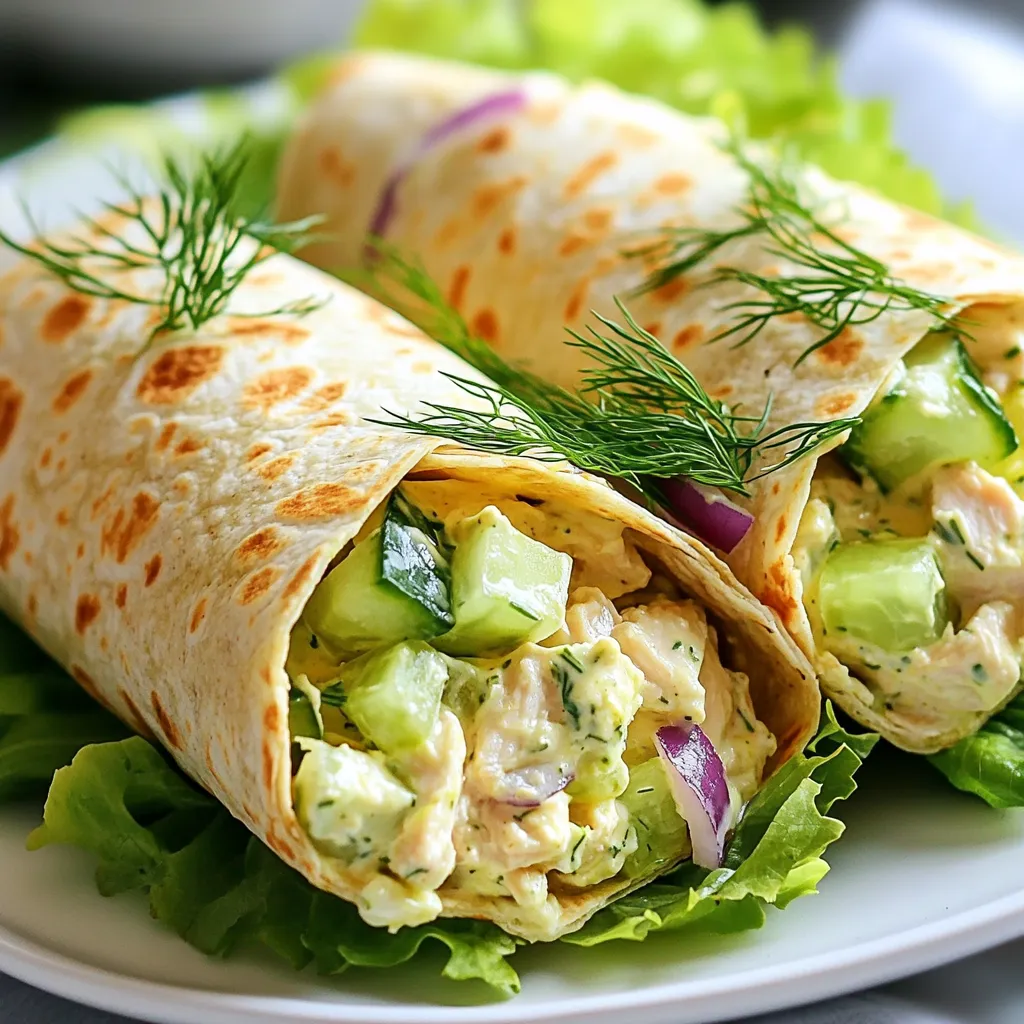The core of this dish comes from simple, healthy items. You will need: - 2 cups cooked chicken, shredded - 1 cup plain Greek yogurt - 1/2 cup celery, finely chopped - 1/4 cup red onion, finely diced - 1/2 cup cucumber, chopped - 1/4 cup fresh dill, chopped (or 1 teaspoon dried dill) - 1 tablespoon lemon juice - Salt and pepper to taste - 4 large whole wheat wraps or tortillas - Lettuce leaves for garnish These ingredients create a creamy, tasty filling that brings life to your wraps. The Greek yogurt adds a smooth texture and a healthy kick. You can add a few extras to elevate your dish. Here are some optional ingredients: - Slices of tomatoes - Avocado for creaminess - Nuts for crunch - Grated cheese for richness These additions can give your wraps a personal touch. Each option brings a new flavor and texture, making the meal fun and fresh. This Greek yogurt chicken salad wrap is not only tasty but also nutritious. Here’s what you get: - High protein from chicken and yogurt - Low in fat compared to mayo-based salads - Lots of fiber from veggies and whole wheat wraps This meal is great for lunch or a light dinner. It keeps you full and satisfied without the extra calories. It’s a perfect fit for a healthy lifestyle. {{ingredient_image_1}} To start, grab a large mixing bowl. In it, combine 2 cups of cooked, shredded chicken with 1 cup of plain Greek yogurt. Stir well until the chicken is fully coated. Next, add 1/2 cup of finely chopped celery, 1/4 cup of diced red onion, and 1/2 cup of chopped cucumber. Toss in 1/4 cup of fresh dill or 1 teaspoon of dried dill and 1 tablespoon of lemon juice. Mix everything together until you see a nice blend. Taste the mix and season it with salt and pepper to your liking. This step is key to a balanced flavor. Now, let’s focus on the wraps. Lay out 4 large whole wheat wraps on a clean surface. If you like, add some lettuce leaves and tomato slices to each wrap for added freshness. Spoon a generous amount of the chicken salad mixture into the center of each wrap. Make sure to leave space at the edges for folding. Carefully fold in the sides of the wrap, then roll it from the bottom up. Tuck it tightly as you go to keep everything secure. Repeat this until all wraps are filled. To serve, cut each wrap in half diagonally. You can arrange them on a platter with extra dill sprigs for a nice touch. Pair them with a side of fresh fruit or vegetable sticks for a colorful and healthy meal. Enjoy! To boost flavor, use fresh herbs like dill. Fresh herbs add a great taste. You can also add a splash of lemon juice. This brightens the dish. If you want some heat, add a pinch of red pepper flakes. You can mix in chopped nuts for crunch. Walnuts or almonds work well. Try adding diced apples for a sweet twist. The sweetness pairs nicely with the yogurt. For easy shredding, start with warm chicken. It pulls apart more easily. Use two forks to shred the meat. Pull the chicken apart into small pieces. This helps it mix well with yogurt. If you have leftover rotisserie chicken, use that! It’s already cooked and adds great flavor. Make sure to remove any bones or skin before shredding. Presentation matters! Cut each wrap in half for easy eating. Place the wraps on a colorful platter. Add fresh dill sprigs for a pop of green. You can also serve with colorful vegetable sticks. Carrots, cucumbers, and bell peppers work great. They add color and make the meal more fun. For a side, offer fresh fruit like grapes or berries. This adds freshness and sweetness to your plate. Pro Tips Use Fresh Ingredients: Fresh vegetables and herbs will enhance the flavor and texture of your chicken salad wraps. Opt for organic cucumbers and crisp lettuce for the best taste. Meal Prep Ahead: Prepare the chicken salad mixture a day ahead and store it in the fridge. This allows the flavors to meld beautifully, making your wraps even more delicious. Experiment with Add-ins: Feel free to add other ingredients such as diced apples, grapes, or nuts for added crunch and flavor variation. This can give your wraps a unique twist! Wrap It Right: Make sure to fold the sides of the wrap in before rolling it up tightly. This will keep all the filling secure and prevent any spills while eating. {{image_2}} You can make this chicken salad fit many diets. If you want a low-fat option, swap the Greek yogurt for low-fat Greek yogurt. This keeps the creaminess without too many calories. For a dairy-free choice, use a plant-based yogurt. It will still taste great. If you're gluten-free, use lettuce leaves instead of wraps. This gives you a fresh crunch. Want to add more crunch? Here are some fun ideas! You can toss in chopped nuts like almonds or walnuts. They give a nice texture. Try adding roasted chickpeas for a tasty twist. You can also use radishes or bell peppers for extra color and crunch. Add a little zest with some chopped apples or grapes for a sweet touch. Wraps don’t have to be plain. You can use spinach or tomato tortillas for a pop of color. Try using pita bread for a fun twist. You can even make mini wraps with smaller tortillas for snacks. If you prefer, use nori sheets for a sushi-style wrap. Each option brings new flavors and makes the meal exciting! To keep leftover chicken salad wraps fresh, wrap them tightly in plastic wrap. You can also store them in an airtight container. This helps to keep them from drying out. Store the wraps in the fridge for up to three days. If you notice any change in smell or texture, it’s best to throw them out. You can freeze the chicken salad mixture for future meals. Place it in a freezer-safe bag or container. Make sure to remove as much air as possible to prevent freezer burn. The mixture can be frozen for up to three months. However, I recommend not freezing the wraps themselves. The texture of the wrap may change when thawed. When you are ready to eat the chicken salad, thaw it in the fridge overnight. After thawing, mix it again to restore the texture. If you want to eat it warm, place it in a microwave-safe bowl. Heat it for 30-second bursts, stirring in between. Make sure it is heated evenly. Enjoy your chicken salad either cold or warm! Yes, you can use canned chicken. It saves time and is easy to use. Just drain the chicken well and shred it. This will give you a quick option for a busy day. Canned chicken works well, but fresh chicken adds more flavor. Greek yogurt chicken salad lasts about 3 to 4 days in the fridge. Store it in an airtight container. This helps keep it fresh and tasty. Always check for any off smell or change in texture before eating. If it looks or smells odd, toss it out. You can serve the wraps with fresh fruit or veggie sticks. A side salad with greens is also great. Chips or whole grain crackers add a nice crunch. For drinks, try lemonade or iced tea. These pair well and make a fun meal! Greek yogurt chicken salad wraps are simple and tasty. We covered key ingredients, including main and optional ones. You learned step-by-step how to prepare, assemble, and serve these wraps. Tips helped you add flavor and present the dish well. Variations let you swap ingredients for different diets and crunch. Plus, we discussed smart storage for leftovers and meal prep. Enjoy making this healthy dish. It’s easy and fun to share with friends!