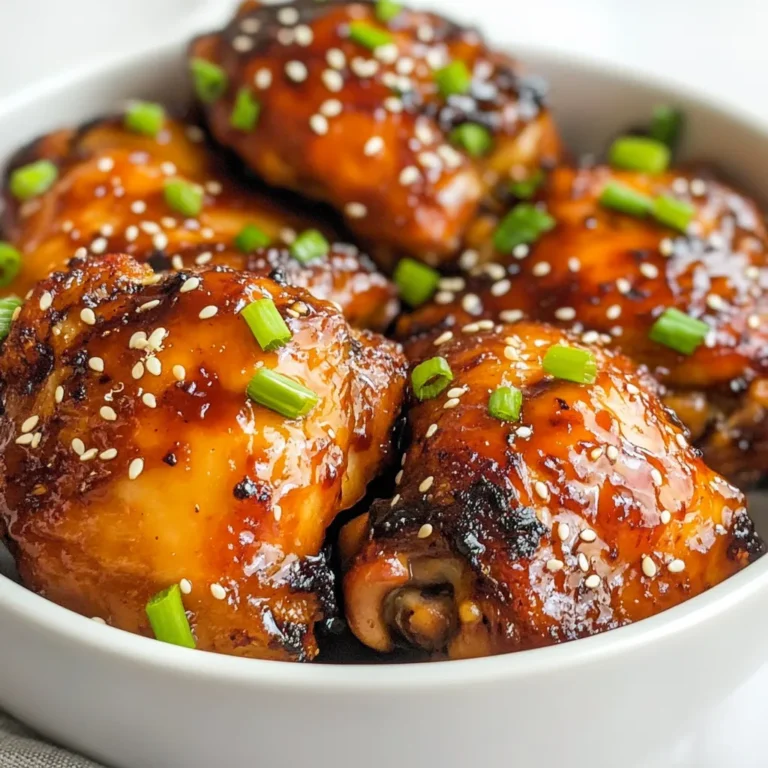 - 4 chicken thighs, skin-on and bone-in - 1/3 cup soy sauce - 1/4 cup honey - 2 tablespoons rice vinegar - 3 cloves garlic, minced - 1 inch ginger, grated - 1 tablespoon sesame oil - 1 teaspoon black pepper - 1/2 teaspoon red pepper flakes (optional) - 1 tablespoon sesame seeds (for garnish) - 2 green onions, chopped (for garnish) Sticky Honey Soy Chicken Thighs have a wonderful mix of sweet and savory flavors. The chicken thighs are juicy and tender, thanks to the skin that traps in moisture. I love using skin-on and bone-in chicken for this recipe. The skin gets crispy and adds tons of flavor. Soy sauce gives the chicken a rich, umami taste. Honey adds a sweet touch that balances the saltiness. Both work together to create a sticky glaze. Rice vinegar adds a nice tang, brightening the dish. Garlic and ginger bring warmth and depth to the marinade. For a bit of spice, you can add black pepper and red pepper flakes. These are optional but add a nice kick. Sesame oil rounds out the flavor with its nutty taste. Garnishing with sesame seeds and green onions makes the dish look vibrant. The seeds add a crunch, while the onions give a fresh pop. You can serve this dish with rice or veggies for a full meal. {{ingredient_image_1}} - Combine soy sauce, honey, rice vinegar, minced garlic, grated ginger, sesame oil, black pepper, and red pepper flakes in a bowl. - Whisk until well combined. - Place chicken thighs in a resealable bag or shallow dish. - Pour half of the marinade over the chicken thighs and refrigerate for at least 1 hour. - Preheat your oven to 400°F (200°C). - Remove chicken from marinade and place in a baking dish, skin-side up. - Brush the remaining marinade over the chicken and bake for 25-30 minutes. - Broil for extra glossiness for 2-3 minutes, but watch closely. - Allow the chicken to rest before garnishing with sesame seeds and green onions. For the best taste, let the chicken marinate for at least 1 hour. Overnight is even better. When you refrigerate the chicken, it absorbs the flavors well. This step makes a huge difference in taste. To get that shiny glaze, broil the chicken for the last 2-3 minutes. Keep an eye on it to avoid burning. The glaze will thicken and stick beautifully. Make sure to check the cooking time. You want the chicken to reach 165°F inside. Pair these chicken thighs with rice or stir-fried veggies. They also go well with a fresh salad. For a nice touch, garnish with sesame seeds and green onions. Arrange everything nicely on the plate for a great look. Pro Tips Marinate for Maximum Flavor: For best results, marinate the chicken thighs overnight. This allows the flavors to penetrate deeply, resulting in a more flavorful dish. Check for Doneness: Always use a meat thermometer to check the internal temperature of the chicken. It should reach 165°F (75°C) to ensure it is fully cooked and safe to eat. Achieve the Perfect Glaze: To get an extra sticky glaze, switch your oven to broil for the last 2-3 minutes of cooking. Just keep an eye on it to prevent burning! Garnish for Presentation: Don't skip the garnish! Adding sesame seeds and chopped green onions not only enhances the visual appeal but also adds a nice crunch and freshness to the dish. {{image_2}} You can swap chicken thighs for chicken breasts. Chicken breasts are leaner. They will cook faster, so check them often. Adjust the cooking time to avoid drying them out. For a vegetarian option, use tofu instead of chicken. Firm tofu absorbs flavors well. Cut it into cubes and marinate just like the chicken. Bake or grill until golden brown for a tasty twist. Add citrus to your marinade for a fresh taste. Try lime or orange juice. A splash of lemon can brighten the dish too. Citrus balances the sweetness from the honey. You can also mix in herbs and spices. Fresh herbs like cilantro or basil add great flavor. Try adding some chili flakes if you want more heat. Experiment with your favorites to find what you love. Grilling the chicken adds a nice smoky flavor. Use a grill pan or outdoor grill. Flip it halfway through to get even cooking and nice grill marks. Baking is a great option for easy cleanup. Preheat your oven to 400°F (200°C) and bake as directed in the recipe. This method helps retain moisture and creates that sticky glaze. For a hands-off option, try slow cooking. Place the chicken and marinade in a slow cooker. Cook on low for 6 to 8 hours. This method makes the chicken very tender and full of flavor. To store leftovers, place the chicken thighs in an airtight container. You want to keep them fresh. Make sure to cool the chicken to room temperature first. This prevents steaming and keeps the skin crispy. Store in the fridge for up to three days. If you use a resealable plastic bag, remove as much air as possible before sealing. This helps avoid freezer burn. You can freeze cooked chicken thighs for later meals. To freeze, let the chicken cool completely. Wrap each thigh in plastic wrap. Then, place them in a freezer-safe bag or container. This keeps the chicken safe from freezer burn. The chicken can stay frozen for up to three months. When you're ready to eat, move the chicken to the fridge overnight to thaw. This keeps the texture nice. When reheating chicken thighs, the goal is to keep them juicy. One of the best ways is to use an oven. Preheat the oven to 350°F (175°C). Place the chicken in a baking dish and cover it with foil. This helps keep moisture in. Heat for about 20 minutes. You can also use a microwave, but be careful. Heat in short bursts to avoid drying out the chicken. Another tip is to add a splash of broth. This keeps the meat moist and tasty. Avoid cooking too long to prevent a rubbery texture. To check if chicken thighs are done, use a meat thermometer. The safe internal temperature is 165°F (75°C). Insert the thermometer into the thickest part of the thigh. If it reads 165°F, your chicken is safe to eat. If not, cook it longer and check again. Always ensure the juices run clear when you cut into the meat. This means the chicken is cooked through. Yes, you can use boneless chicken thighs. They cook faster than bone-in thighs. Reduce the baking time to around 20-25 minutes. Always check the internal temperature to ensure it reaches 165°F (75°C). Boneless thighs will still absorb the flavors of the marinade well. If you need a substitute for honey, consider maple syrup or agave nectar. Both will add sweetness but can change the flavor slightly. Maple syrup gives a deeper, earthier taste. Agave nectar is milder and less distinct. You can also use brown sugar, but it will not dissolve as smoothly in the marinade. Adjust the amount based on your taste preference. This blog post shared a tasty chicken thigh recipe with a simple marinade made from soy sauce, honey, and spices. I explained how to prepare, marinate, and cook the chicken for the best results. You learned tips for flavor, cooking methods, and side dishes. Feel confident experimenting with different ingredients and techniques. The right choices will make your dish shine. Enjoy the process and savor each bite of your flavorful creation!