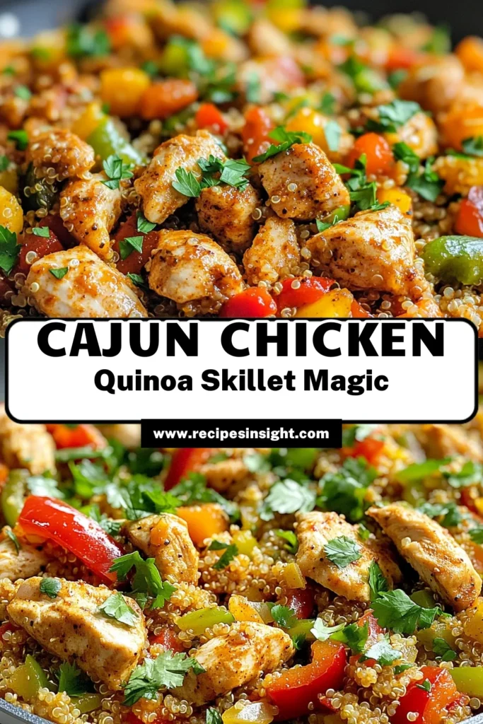 Looking for a delicious, healthy skillet meal? Try this Cajun Chicken Quinoa Recipe! This easy one-pan chicken dinner combines juicy chicken, colorful veggies, and protein-packed quinoa, all seasoned with flavorful Cajun spice. Perfect for a weeknight dinner, this dish is both satisfying and nutritious. Save this recipe for your next meal prep! #CajunChicken #QuinoaRecipes #HealthyMeals #OnePanDinner