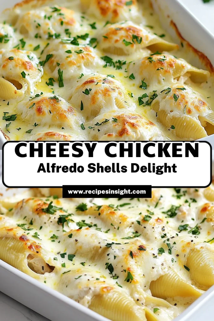 Indulge in the ultimate comfort food with these Creamy Chicken Alfredo Stuffed Shells! This easy Jumbo Pasta Shells Recipe is perfect for a delightful Chicken Alfredo Dinner that the whole family will love. Packed with ricotta, mozzarella, and savory chicken, these Cheese Stuffed Pasta Shells are smothered in a rich Alfredo sauce. Try this Easy Alfredo Bake Recipe tonight and savor every bite. Save this recipe for later! #ChickenAlfredo #PastaLovers #ComfortFood #EasyRecipes
