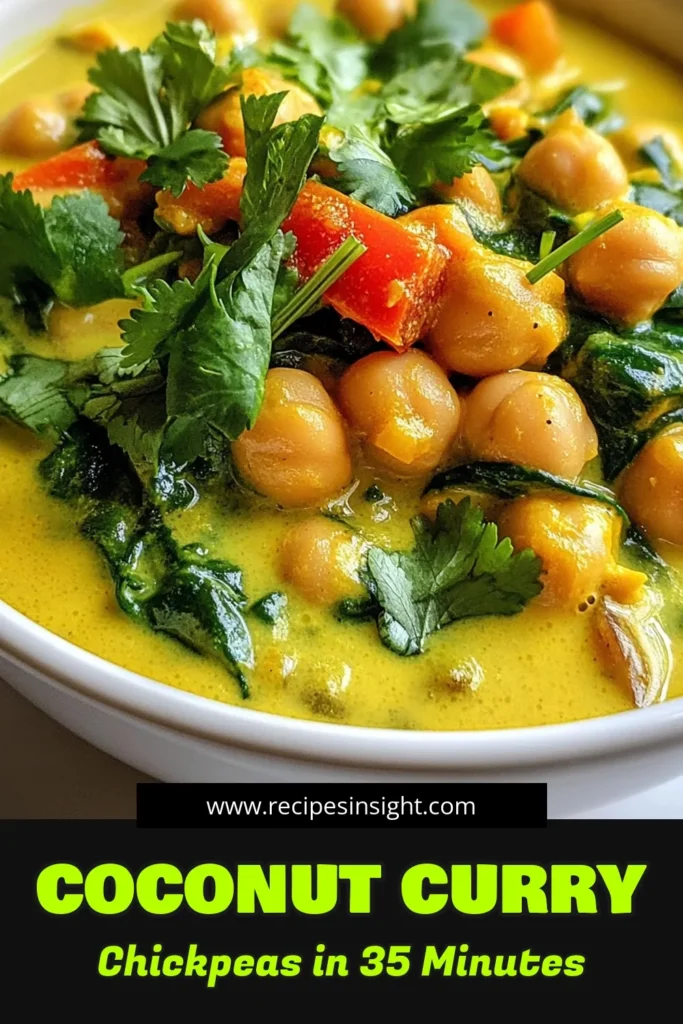 Discover the deliciousness of Coconut Curry Chickpeas with this easy curry recipe! This vegan coconut curry recipe combines chickpeas with coconut milk for a creamy, healthy chickpea curry that’s packed with flavor. Perfect for a quick weeknight meal, this satisfying dish comes together in just 35 minutes. Save this Coconut Curry Chickpeas recipe for a wholesome dinner tonight! #CoconutCurryChickpeas #VeganRecipe #HealthyEating #Chickpeas