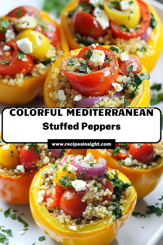 Discover the perfect Mediterranean stuffed peppers recipe with these delicious quinoa stuffed bell peppers. Packed with healthy ingredients like spinach, cherry tomatoes, and feta cheese, this healthy stuffed peppers recipe is not only nutritious but also vegetarian-friendly. Try this Mediterranean quinoa recipe for a quick, satisfying meal! Save and share for a tasty dinner tonight! #MediterraneanRecipes #HealthyEating #StuffedPeppers #VegetarianFood
