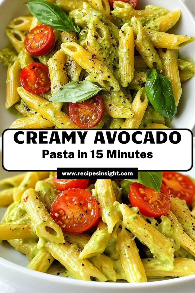 Looking for a delicious and healthy pasta dish? Try this creamy avocado pasta! This easy avocado pasta recipe features ripe avocados, fresh basil, and zesty lemon for a quick vegan meal that's bursting with flavor. Perfect for weeknight dinners, this healthy pasta recipe is not only satisfying but also incredibly creamy without the guilt. Save this creamy avocado pasta recipe for your next meal prep! #AvocadoPasta #HealthyRecipes #VeganPasta #EasyRecipes