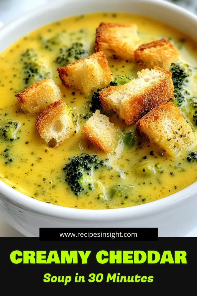 Indulge in this creamy broccoli cheddar soup that's quick and easy to make! This homemade broccoli soup recipe combines fresh broccoli, sharp cheddar, and a touch of cream for the perfect vegetarian soup recipe. Enjoy the delicious flavors in just 30 minutes with this easy broccoli cheese soup. Boost your winter meals with this comforting dish and save the recipe for your next cozy night in! #BroccoliCheddar #SoupRecipes #Vegetarian #ComfortFood