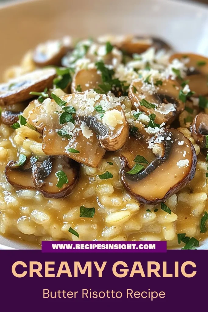 Discover the ultimate comfort food with this Garlic Butter Mushroom Risotto recipe! Made with creamy Arborio rice and enriched with garlic and Parmesan, this easy risotto with Parmesan is perfect for any occasion. Elevate your dinner with this creamy vegetarian risotto that’s packed with flavor. Try this Mushroom Risotto Recipe today and impress your family! Save it for later! #GarlicButterRisotto #VegetarianRecipes #MushroomRisotto #ArborioRiceDish