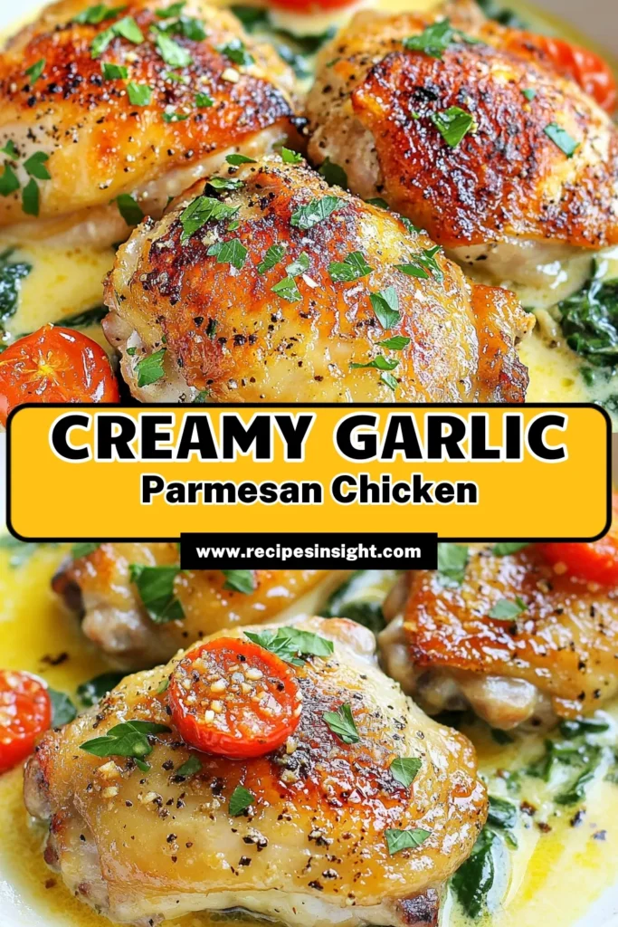 Indulge in this delicious Garlic Parmesan Chicken Skillet that's perfect for busy weeknights! This easy skillet chicken recipe features tender chicken thighs simmered in a creamy garlic sauce with spinach and cherry tomatoes. It's the ultimate one-pan chicken dinner that the whole family will love. Try this Garlic Parmesan Chicken today and savor the flavors! Save for later! #GarlicParmesanChicken #SkilletChickenRecipe #EasyChickenParmesan #OnePanDinner