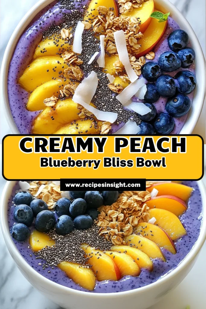 Discover the deliciousness of this blueberry peach smoothie bowl! This healthy smoothie bowl recipe is not only refreshing but also incredibly easy to make. With Greek yogurt for a creamy texture or a dairy-free alternative, it’s perfect for anyone. Top it with fresh peaches, granola, and chia seeds for added crunch. Try this easy smoothie bowl today and elevate your breakfast game! Don’t forget to save this recipe! #SmoothieBowl #HealthyEating #BreakfastIdeas #DairyFreeRecipe