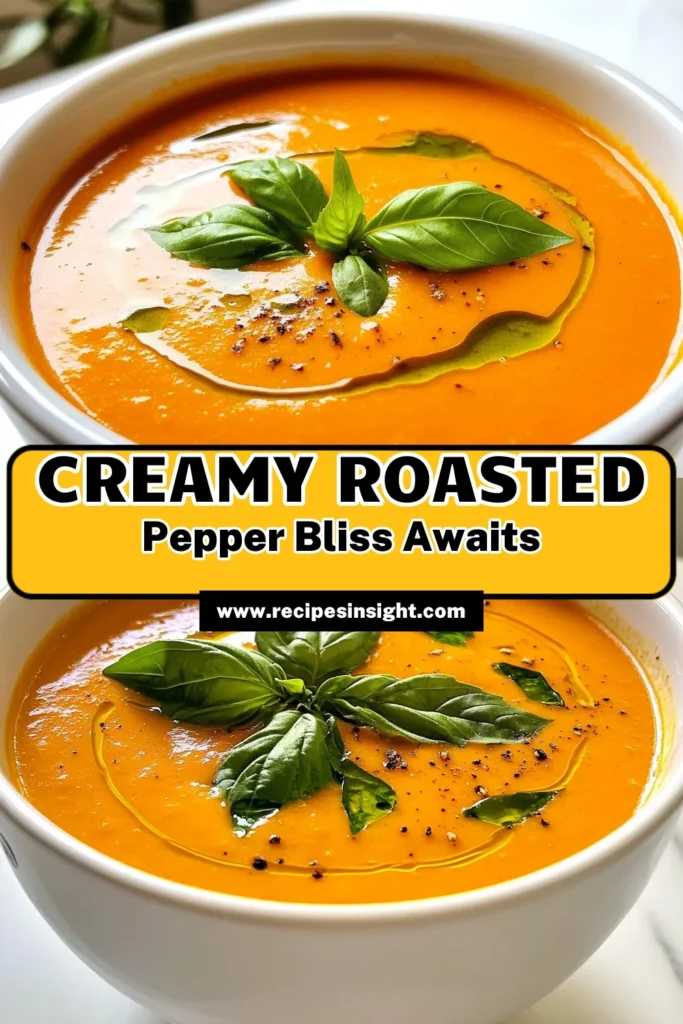 Indulge in this Creamy Roasted Red Pepper Soup that is both delicious and easy to make! This vegan red pepper soup recipe combines sweet roasted red peppers, fragrant garlic, and fresh basil for a comforting dish. Perfect for any season, it's one of the best easy creamy soup recipes you'll find. Try making this homemade roasted pepper soup today and elevate your meal! Save this recipe for later! #CreamyRoastedRedPepperSoup #VeganRedPepperSoup #EasyCreamySoupRecipes #HomemadeRoastedPepperSoup