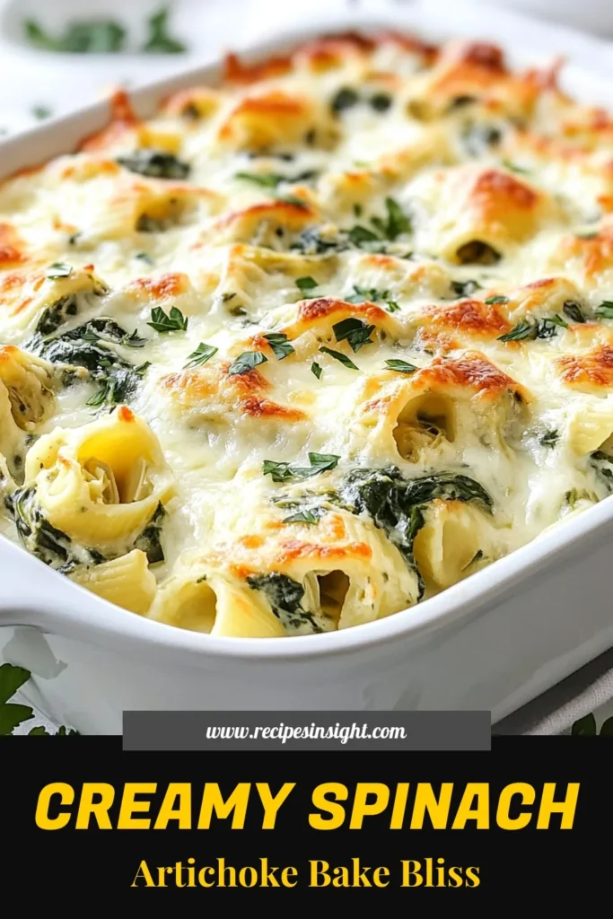 Indulge in a deliciously cheesy, creamy spinach artichoke pasta bake that's perfect for family dinners or cozy gatherings. This creamy spinach artichoke pasta bake combines tender pasta with savory artichokes and a rich cheese blend, creating a comforting dish everyone will love. Discover this easy creamy pasta recipe and elevate your meal with baked pasta with artichokes. Try it tonight and share the joy! #PastaBakeRecipes #CheesySpinachArtichokePasta #BakedPasta #EasyCreamyPastaRecipes