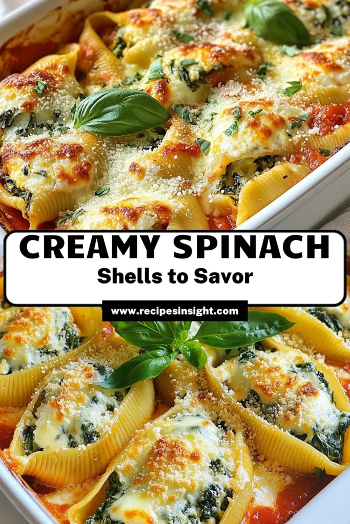 Indulge in this creamy spinach ricotta stuffed shells recipe, perfect for a cozy dinner! These jumbo pasta shells are filled with a delicious spinach ricotta filling and topped with marinara sauce and melted cheese. This baked stuffed pasta shells dish is a delightful vegetarian pasta dish that will impress everyone at the table. Try it tonight and bring a touch of comfort to your meal! Save for later! #PastaRecipes #VegetarianDishes #BakedPasta #ComfortFood