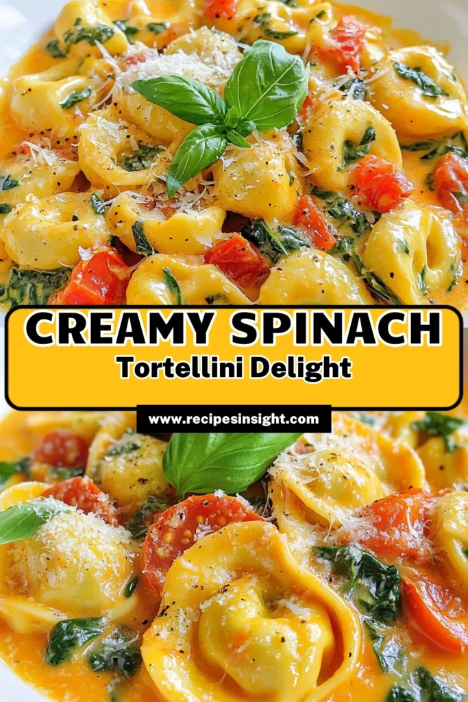 Looking for a delicious and easy comfort food pasta recipe? Try this creamy tomato spinach tortellini! Made with cheese tortellini, fresh spinach, and a rich tomato cream sauce, this is a perfect weeknight dinner. Packed with flavor and ready in just 25 minutes, it's an ideal easy tortellini dish the whole family will love. Save this creamy tomato spinach tortellini recipe and bring dinner to life! #TortelliniRecipes #PastaLover #ComfortFood #EasyDinnerIdeas