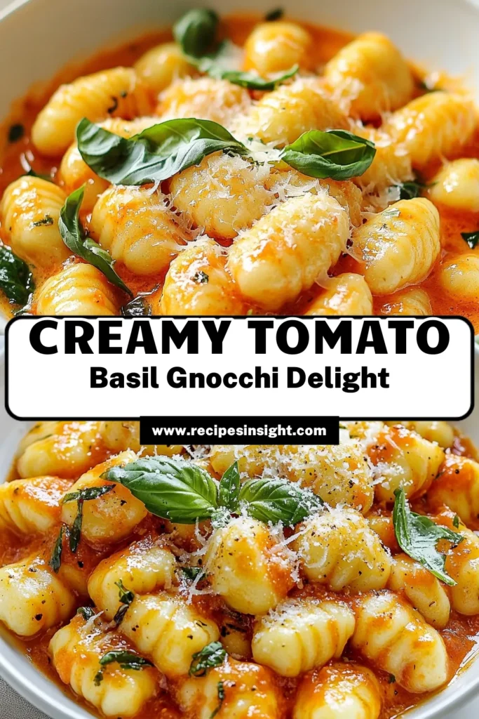 Indulge in this creamy tomato basil gnocchi, the ultimate comfort food pasta dish that is sure to delight! This easy gnocchi recipe features tender potato gnocchi tossed in a rich tomato basil sauce, blending fresh basil, garlic, and creamy ingredients for a fantastic meal. Perfect for a quick weeknight dinner. Try it today and transform your pasta nights! Save this creamy tomato basil gnocchi recipe for later! #Gnocchi #PastaRecipe #ComfortFood #EasyDinner