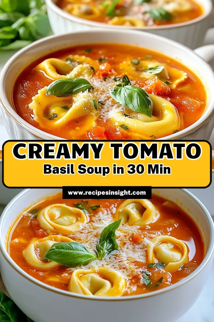 Looking for a comforting meal? Try this delicious Tomato Basil Tortellini Soup! This easy vegetarian soup blends vibrant flavors with cheese tortellini for a satisfying dish. Perfect as a quick tomato soup recipe, it's homemade and ready in just 30 minutes! Whether you're meal prepping or serving it fresh, you'll love the wholesome ingredients. Don't miss out on this crowd-pleaser—save this homemade tortellini soup recipe now! #TortelliniSoup #VegetarianRecipes #EasySoup #TomatoBasilSoup