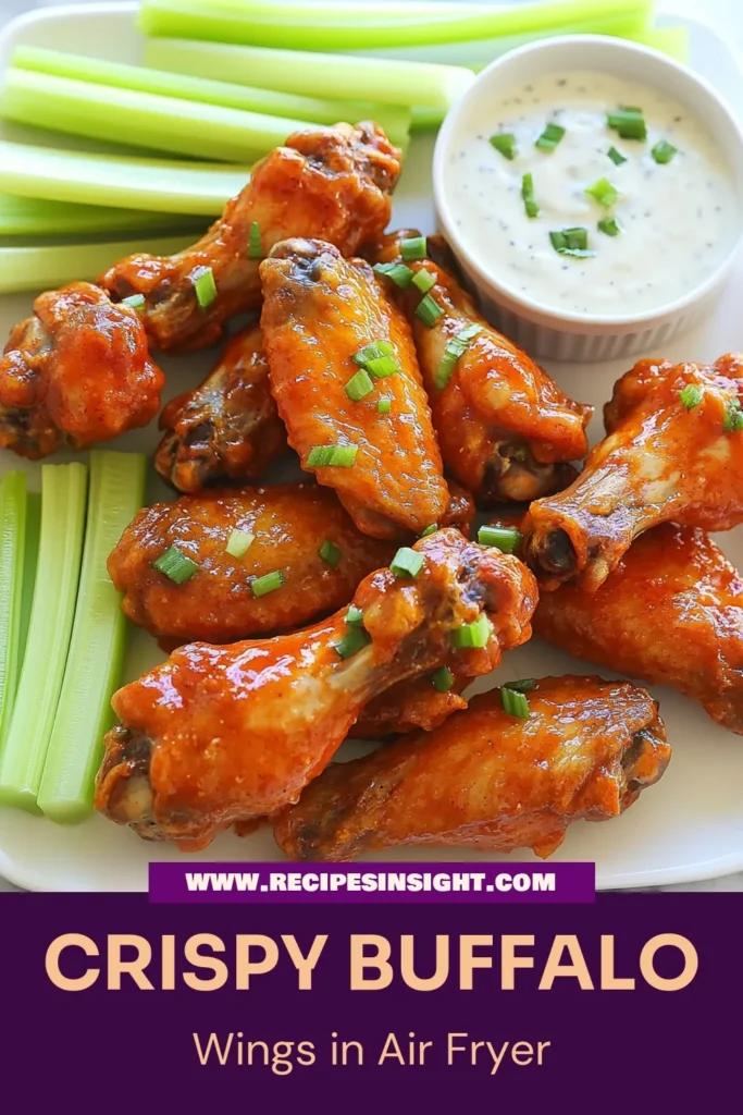 Satisfy your cravings with these Crispy Air Fryer Buffalo Wings! This Easy Buffalo Wings Recipe delivers perfectly cooked Air Fryer Chicken Wings that are flavorful and spicy. Toss them in buffalo sauce and serve with ranch dressing for the ultimate snack. Ideal for game day or a fun gathering, these Spicy Air Fryer Recipes are sure to impress. Save this recipe for delicious wings that everyone will love! #AirFryerRecipes #BuffaloWings #EasyRecipes #WingNight