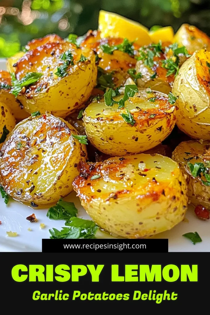 Discover this easy garlic potato recipe with our Lemon Garlic Roasted Potatoes! Perfectly crispy oven roasted potatoes burst with flavor from fresh lemon and garlic, making them an irresistible lemon herb potato side dish. This roasted baby potatoes recipe is ideal for any meal. Elevate your dinner table with these delicious potatoes that are sure to impress. Save this recipe for your next gathering! #LemonGarlicPotatoes #CrispyPotatoes #EasyRecipe #PotatoSideDish