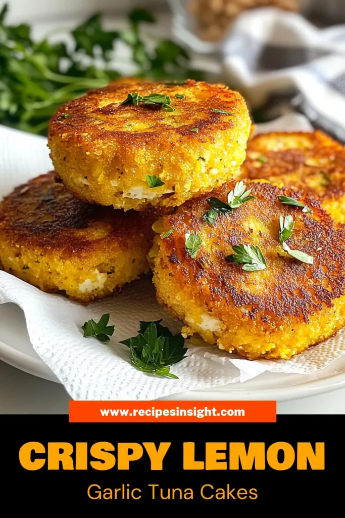 Discover the deliciously simple Lemon Garlic Tuna Cakes, perfect for quick weeknight meals! These healthy tuna cakes are made with just a few ingredients, bringing together flavors of lemon and garlic in every bite. Try these crispy fish cakes as an easy tuna recipe that the whole family will love. Ready in just 30 minutes, they’re perfect for busy days. Save this recipe for the ultimate dinner solution! #EasyTunaRecipes #HealthyTunaCakes #TunaPattiesWithLemon #CrispyFishCakes