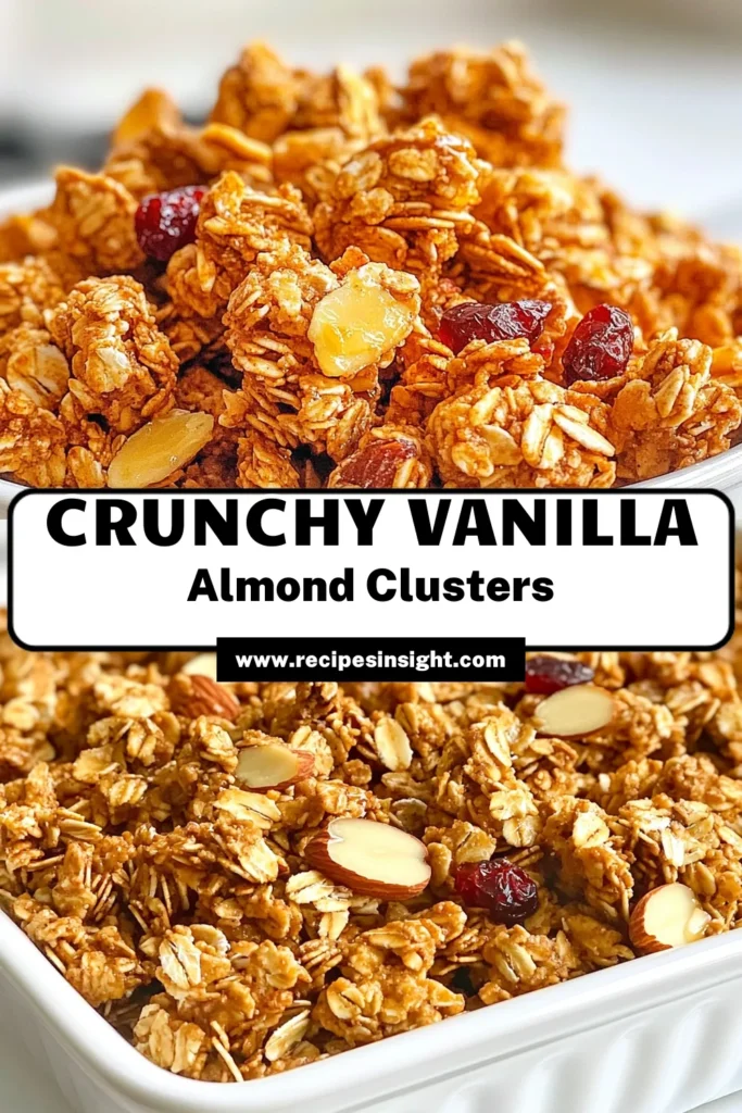 Enjoy a delicious and nutritious start to your day with this easy Vanilla Almond Granola Recipe! These Homemade Granola Clusters are perfect for breakfast or a healthy snack. Made with rolled oats, almonds, and cranberries, this Healthy Granola Recipe is naturally sweetened with honey or maple syrup. Try it today and experience the perfect blend of flavors and textures! Save this recipe for your morning routine! #GranolaWithCranberries #EasyBreakfastGranola #HealthyGranolaRecipe #VanillaAlmondGranola