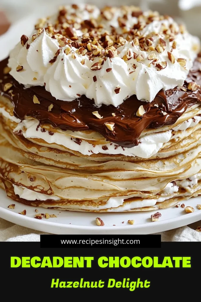 Indulge in a heavenly Chocolate Hazelnut Crepe Cake that will delight your taste buds! This layered dessert is made with homemade crepes, rich chocolate hazelnut spread, and fluffy whipped cream. Perfect for any occasion, this treat is simple to prepare and will impress everyone at your gathering. Don't miss out on creating this delicious masterpiece—click through for the full recipe and tips! #ChocolateHazelnut #CrepeCake #DessertLovers #BakingRecipes