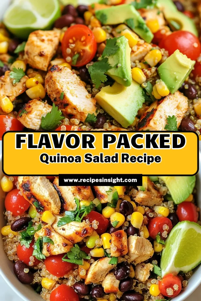 Discover the delicious Southwest Chicken Quinoa Salad, packed with flavor and nutrition! This easy quinoa salad blends hearty grilled chicken, black beans, fresh veggies, and a zesty lime dressing for a perfect high protein salad recipe. Ideal for meal prep, this healthy quinoa recipe will keep you satisfied and energized. Save this recipe now to enjoy a tasty, wholesome meal! #HealthyRecipes #QuinoaSalad #MealPrepIdeas #ProteinPacked