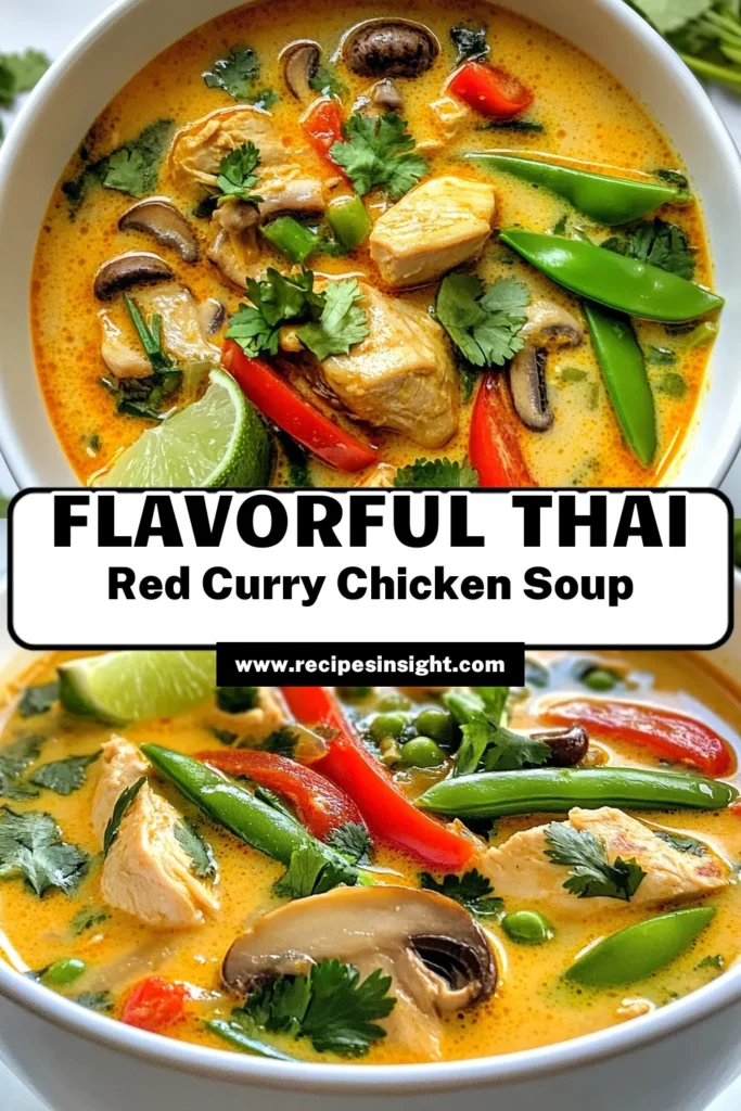 Discover the deliciousness of Thai Red Curry Chicken Soup, a comforting and easy Thai soup that's bursting with flavor. This coconut milk recipe combines tender chicken with aromatic ginger, vibrant vegetables, and rich red curry paste for a delightful dish that warms you inside out. Perfect for any night, this soup is a must-try! Click to save this easy recipe and enjoy a bowl of happiness today! #ThaiRedCurryChickenSoup #CoconutMilkRecipes #EasyThaiSoup #RedCurryPasteDishes