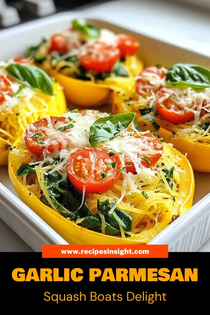 Discover the deliciousness of Garlic Parmesan Spaghetti Squash Boats with this easy spaghetti squash recipe! This healthy garlic Parmesan dish is perfect for a satisfying vegetarian meal. Packed with fresh spinach and tomatoes, these spaghetti squash boats are both nutritious and flavorful. Perfect for meal prep or a quick weeknight dinner. Save this dish for a unique, healthy twist! #SpaghettiSquash #VegetarianRecipes #HealthyEating #EasyRecipes