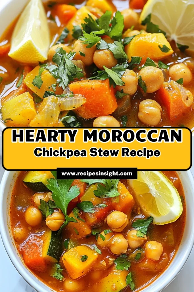 Discover the warmth of a healthy Moroccan stew with this delicious Moroccan chickpea stew recipe! Bursting with flavors, this vegan chickpea stew is perfect for cold days and easy weeknight dinners. Enjoy a satisfying vegetarian stew with chickpeas, rich in spices and nutrients. Try this Moroccan spiced stew today to impress your family and friends. Ready to get cooking? Save this recipe for later! #MoroccanChickpeaStew #VeganStew #HealthyEating #VegetarianRecipes
