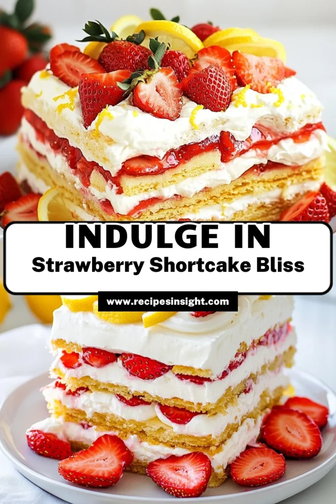 Indulge in the refreshing taste of summer with this delicious Strawberry Shortcake Icebox Cake! This no-bake strawberry dessert combines fresh strawberries, mascarpone cheese, and ladyfinger cookies for an easy strawberry cake recipe that everyone will love. Perfect for gatherings, this simple and elegant dessert is a must-try for your summer cake recipes. Save this recipe now for a delightful treat! #StrawberryShortcake #NoBakeDessert #SummerTreats #EasyRecipes