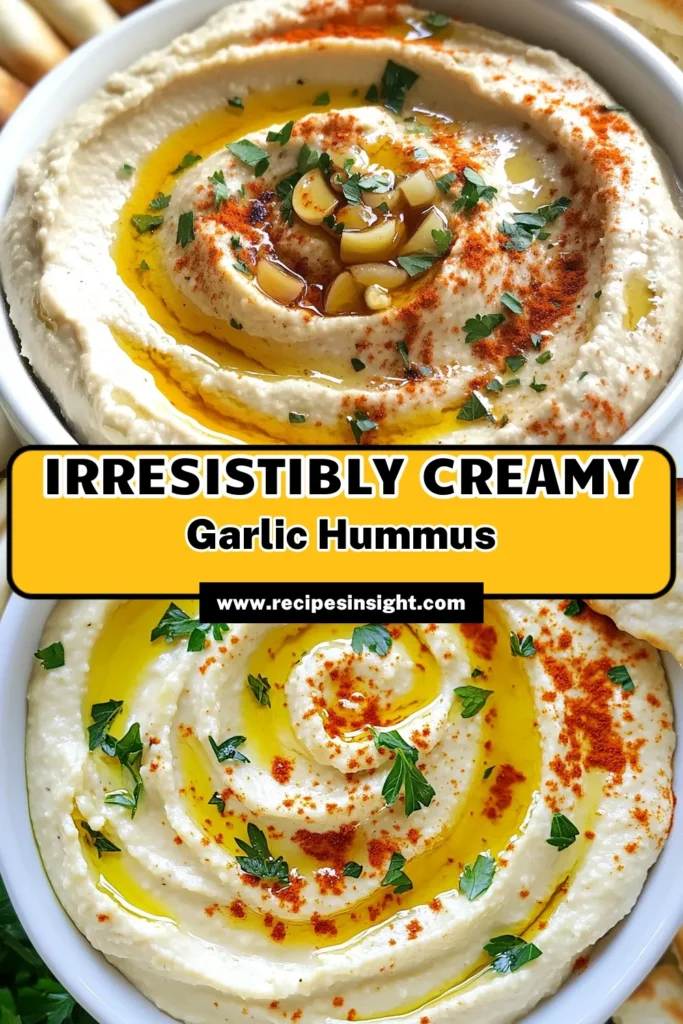 Discover the incredible flavor of creamy roasted garlic hummus with this easy homemade hummus recipe. Perfect as a healthy snack, this roasted garlic dip will elevate your appetizer game. Made with chickpeas, tahini, and roasted garlic, it's both delicious and nutritious. Try this chickpea hummus for your next gathering, and impress your guests! Save this recipe for a quick and healthy treat! #HummusRecipe #HealthySnacks #DipRecipes #RoastedGarlic