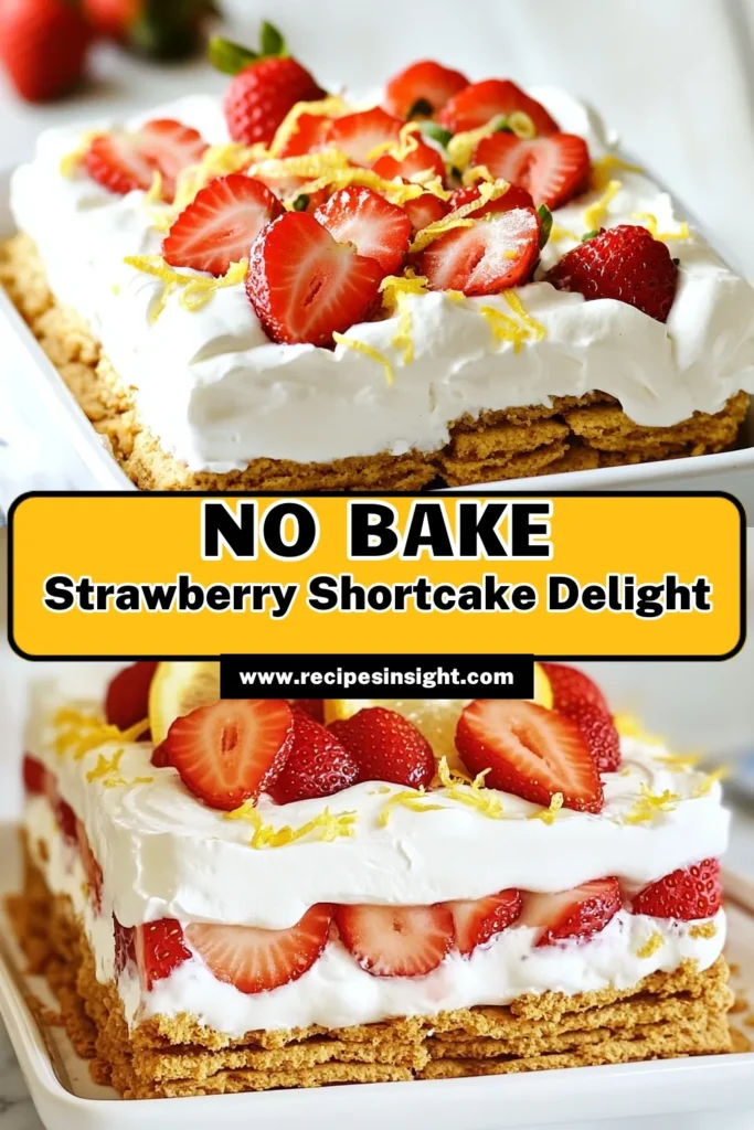 Delight in this refreshing Strawberry Shortcake Icebox Cake, the perfect no-bake strawberry dessert for summer! Featuring layers of fresh strawberries, creamy whipped yogurt, and honey graham crackers, it’s an easy icebox cake your family will love. Ideal for hot days, this simple recipe is sure to impress at any gathering. Save this summer dessert idea for your next event! #StrawberryDessertRecipes #NoBakeDessert #IceboxCake #SummerTreats