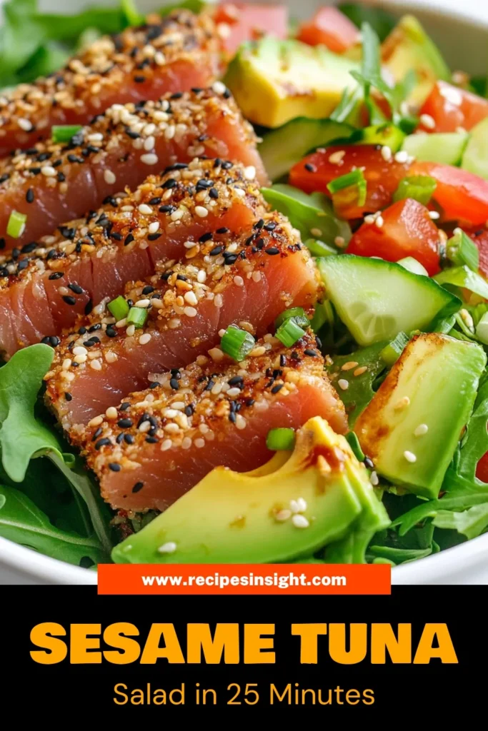 Discover a delicious and nutritious meal with this Sesame Crusted Ahi Tuna Salad. Packed with flavor and health benefits, this seared tuna salad features perfectly coated sesame crusted tuna served over a vibrant bed of greens, cucumbers, and avocados. Drizzle with homemade sesame seed dressing for the perfect finishing touch. Try this easy recipe today and elevate your healthy tuna recipes! Save it for later! #AhiTunaSalad #HealthyTunaRecipes #SesameCrustedTuna #SearedTunaSalad