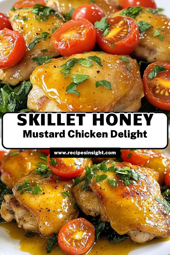 Discover the deliciousness of this Honey Mustard Chicken Skillet recipe! Perfect for a quick and easy weeknight meal, this one-pan chicken dinner features tender chicken thighs glazed in a savory honey mustard sauce. With fresh spinach and cherry tomatoes, it’s not only packed with flavor but also easy to make. Ready in just 30 minutes—your family will love it! Save this easy chicken thighs recipe now! #HoneyMustardChicken #SkilletChickenRecipe #OnePanDinner #EasyChickenThighs