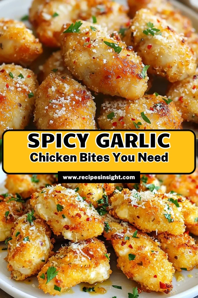 Indulge in these Spicy Garlic Parmesan Chicken Bites, the perfect easy chicken appetizer for any gathering. This oven-baked chicken bites recipe is quick to make and bursting with flavor. Coated in a savory garlic Parmesan mix and baked to perfection, these garlic Parmesan chicken bites will steal the show. Try this recipe today and elevate your snacking game! Save now for your next party! #ChickenBitesRecipe #EasyChickenAppetizer #OvenBakedChickenBites #GarlicParmesanChickenBites