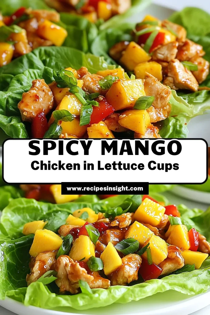 Discover the deliciousness of Spicy Mango Chicken Lettuce Wraps! This Healthy Chicken Lettuce Wrap Recipe blends tender chicken, sweet mango, and vibrant veggies, making it an easy mango chicken recipe you'll love. Perfect as gluten-free lettuce wraps, these Asian inspired chicken wraps are a flavorful option for any meal. Try them today and impress your family! Save the recipe for later! #HealthyRecipes #GlutenFree #MangoChicken #LettuceWraps