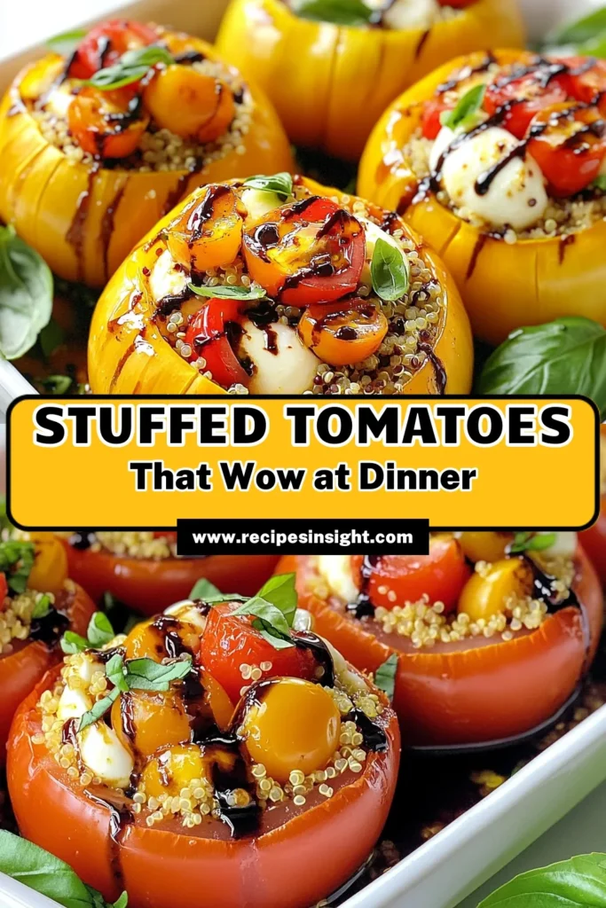 Discover the vibrant flavors of Caprese Quinoa Stuffed Tomatoes, a delicious and healthy stuffed tomatoes recipe that's perfect for any occasion. This quinoa stuffed tomatoes dish mixes fresh mozzarella, cherry tomatoes, and basil for a light vegetarian meal. Ideal for those seeking healthy stuffed tomato recipes, it’s easy and flavorful. Try this vegetarian quinoa dish today and elevate your dinner table! Save this recipe! #CapreseQuinoa #StuffedTomatoes #HealthyRecipes #VegetarianDishes