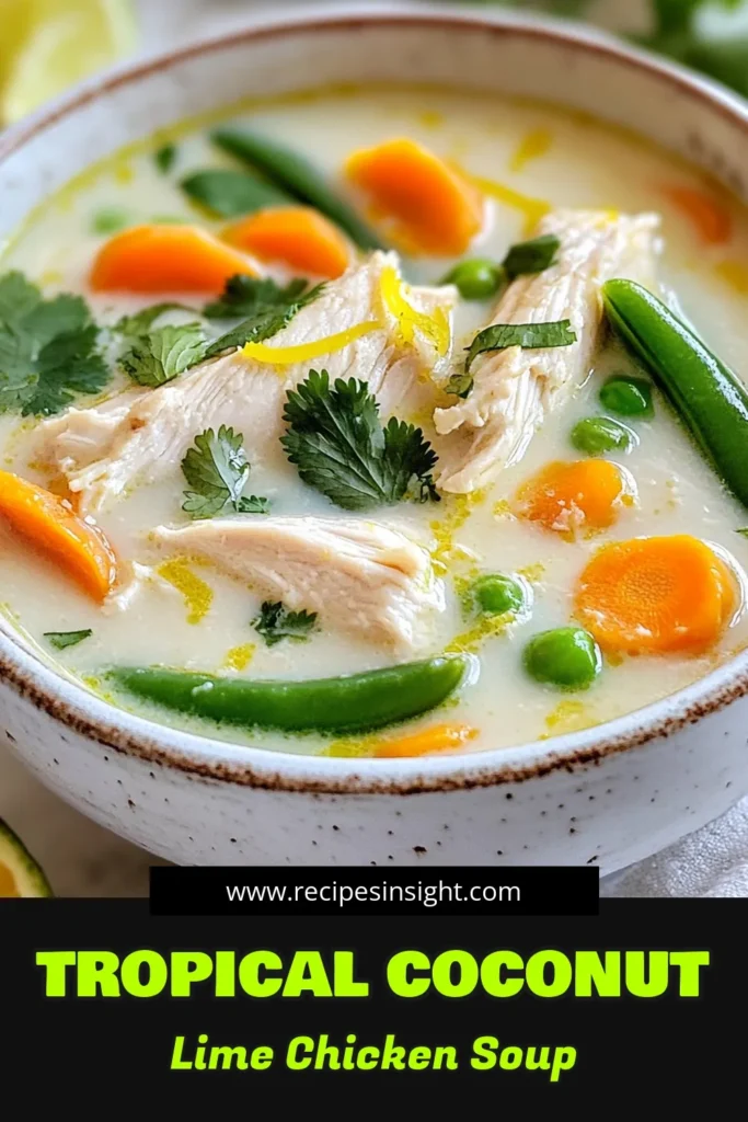 Discover the refreshing taste of Coconut Lime Chicken Soup, an easy chicken soup recipe perfect for any night of the week. This healthy chicken soup features creamy coconut milk and zesty lime, making it a delightful lime-flavored soup recipe that everyone will love. Ready in just 30 minutes, it's great for a quick meal. Save this recipe for a deliciously warm bowl of goodness! #CoconutLimeChickenSoup #EasyChickenSoupRecipe #HealthyChickenSoup #LimeFlavoredSoupRecipe