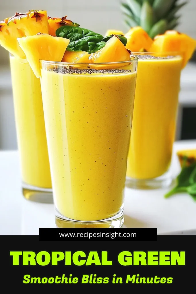 Indulge in a delicious tropical mango pineapple smoothie that's perfect for a healthy boost! This healthy green smoothie recipe features a vibrant mix of mango, pineapple, spinach, and coconut water, packed with nutrition and flavor. Try this mango smoothie with spinach for an energizing treat. Don't forget to add chia seeds for that superfood kick! Blend up this refreshing coconut water smoothie today! Save this recipe and enjoy! #HealthySmoothie #TropicalSmoothie #ChiaSeedRecipes #GreenSmoothie