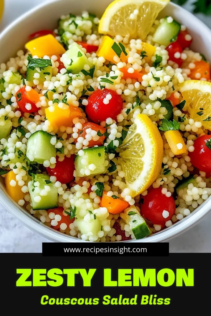 Discover the vibrant flavors of our Lemon Herb Couscous Salad! This easy couscous salad recipe features fresh veggies, zesty lemon, and aromatic herbs, making it a perfect addition to your healthy couscous recipes. Ideal for any occasion, this Mediterranean couscous salad is both refreshing and satisfying. Try it out today for a wholesome, delicious dish that everyone will love! Save this recipe for your next meal! #CouscousSalad #ZestySaladRecipes #HealthyEating #MediterraneanFlavors