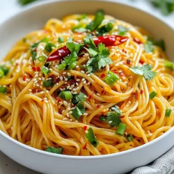 To make delicious Chili Garlic Noodles, you need the right ingredients. Here's what you will use: - 200g egg noodles - 2 tablespoons vegetable oil - 4 cloves garlic, minced - 1 red chili, finely chopped (adjust to taste) - 2 tablespoons soy sauce - 1 tablespoon chili paste (optional for extra heat) - 1 tablespoon sesame oil - 1 tablespoon rice vinegar - 1 teaspoon sugar - 2 green onions, chopped - Fresh cilantro, for garnish - Sesame seeds, for garnish Each ingredient plays a key role in flavor. The egg noodles give a nice chew. The garlic and red chili add boldness and heat. Soy sauce brings umami, while sesame oil adds nuttiness. Rice vinegar balances the dish with a touch of acidity. Sugar rounds out the flavors, making them pop. You can adjust the red chili and chili paste to your heat level. This recipe is all about your taste. Fresh cilantro and sesame seeds make it look nice and add extra flavor. Make sure to gather everything before you start cooking. This helps keep you organized and makes cooking fun! {{ingredient_image_1}} 1. Start by boiling water in a large pot. 2. Add 200g of egg noodles to the boiling water. 3. Cook the noodles until they are al dente, about 4-5 minutes. 4. Drain the noodles and set them aside in a bowl. 1. In a large pan or wok, heat 2 tablespoons of vegetable oil over medium heat. 2. Once the oil is hot, add 4 cloves of minced garlic. 3. Next, toss in 1 finely chopped red chili. Stir for 1-2 minutes. 4. Make sure the garlic and chili become fragrant but do not burn. 1. Now, add the cooked egg noodles to the pan. 2. Toss the noodles well to coat them in the garlic and chili mix. 3. In a small bowl, whisk together 2 tablespoons of soy sauce, 1 tablespoon of chili paste, 1 tablespoon of sesame oil, 1 tablespoon of rice vinegar, and 1 teaspoon of sugar. 4. Pour this sauce over the noodles and mix well. 5. Cook everything together for 2-3 more minutes. This helps the noodles absorb all the tasty flavors. 6. Just before serving, add chopped green onions to the mix. This step-by-step guide makes it easy to create your own spicy and flavorful chili garlic noodles at home! To cook egg noodles just right, aim for 6 to 8 minutes. You want them firm yet tender, also known as al dente. This avoids mushy noodles. After cooking, drain and set them aside to cool slightly. Adjusting the chili heat can make your meal perfect. Start with a small amount of red chili. Taste the dish and add more if you want extra heat. Use chili paste for even more spice. Always remember, you can add more heat, but you can’t take it away! Adding extra seasonings can elevate your dish. Try a splash of soy sauce or a dash of rice vinegar. You can also add a hint of ginger for warmth. Experiment with flavors; cooking is about personal touch. Garnishes play a big role in flavor and looks. Fresh cilantro adds freshness, while sesame seeds give a nice crunch. Green onions add a pop of color and a mild onion taste. Don’t skip on these toppings! Serve your noodles in a deep bowl for a cozy look. Layer the noodles and gently place garnishes on top. Add a few extra chili slices to enhance the color. A drizzle of sesame oil adds shine and flavor, making it look gourmet. A well-presented dish makes every meal special! Pro Tips Adjust the Heat: Feel free to modify the amount of red chili and chili paste based on your heat preference. Start with less and add more if you enjoy spiciness. Garnish Generously: Don't skimp on the cilantro and sesame seeds; they not only enhance the visual appeal but also add fresh flavor and texture to your dish. Choose the Right Noodles: If you can't find egg noodles, feel free to substitute with rice noodles or any noodles of your choice, adjusting the cooking time as necessary. Leftover Sauce: If you have leftover sauce, it makes a great marinade for protein or a dressing for salads. Store it in an airtight container in the fridge for up to a week. {{image_2}} You can switch up the noodles in this recipe. Try using rice noodles or whole wheat noodles. These options add unique flavors and textures. Rice noodles soak up sauce well, while whole wheat noodles offer a nutty taste. Garnishes can also change your dish. Instead of cilantro, use fresh basil or parsley. You can add crushed peanuts for crunch. A squeeze of lime adds a bright touch. Get creative and make it your own! For those who need gluten-free options, use gluten-free noodles. Many brands offer rice or quinoa-based noodles. They work just as well and taste great with the sauce. If you want a vegan dish, skip the egg noodles. Choose plant-based noodles instead. Make sure your soy sauce is vegan too. This way, everyone can enjoy the meal. Adjusting spice levels is easy. If you want a milder dish, reduce the chili. You can also use sweet chili sauce for a sweeter taste. For extra heat, add more chili paste. If you love creamy sauces, try adding a splash of coconut milk. This makes the dish rich and smooth. You can also mix in a bit of peanut butter for a nutty flavor. Experiment to find your perfect balance! To keep your chili garlic noodles fresh, you should refrigerate them. Here’s how to do it right: - Cool the noodles: Let them cool to room temperature before storing. - Use airtight containers: Glass or plastic containers with tight lids work best. This keeps the noodles from drying out. When it’s time to enjoy those leftovers, you have two main options: - Microwave: Place noodles in a microwave-safe dish. Add a splash of water to help steam them. Cover and heat for 1-2 minutes. - Stovetop: Heat a pan on medium. Add a bit of oil and the noodles. Stir gently until heated through. This method helps keep the texture nice. If you want to save some noodles for later, freezing is a great option. Here’s what to do: - Cool and portion: Let the noodles cool completely. Then, divide them into portions. - Use freezer bags: Place the portions in zip-top bags. Squeeze out as much air as you can before sealing. For thawing: - In the fridge: Place the bag in the fridge overnight. - Quick thaw: You can also run the bag under cold water for quicker thawing. After thawing, reheat as described above. To make your Chili Garlic Noodles even spicier, you can try these tips: - Add more red chili. Adjust the amount to your taste. - Mix in chili flakes for extra heat. - Use a spicy chili paste instead of soy sauce. - Drizzle in some hot sauce just before serving. These small changes can turn up the heat and enhance the flavors. Yes, you can use several types of noodles: - Rice noodles if you want a gluten-free option. - Udon noodles for a chewier texture. - Soba noodles for a nutty flavor. - Ramen noodles for a fun twist. Feel free to experiment with what you have. Check for these signs of perfect noodles: - They should be al dente, meaning firm but not hard. - Taste a noodle to see if it has a slight bite. - Look for a slight sheen; this means they are cooked well. Perfect noodles can make or break your dish. Here are some great side dish ideas: - Steamed vegetables for a fresh contrast. - Crispy tofu for protein and texture. - A light salad to balance the heat. - Spring rolls for a crunchy side. These options can elevate your meal. To adjust the recipe: - Double all ingredients for four servings. - Halve the ingredients for one serving. - Keep the same cooking times, but check noodles often. This makes it easy to serve more people without hassle. Chili Garlic Noodles are easy to make and full of flavor. We covered key ingredients, step-by-step cooking, and helpful tips. You learned about variations, storage methods, and common questions. Experimenting with spices and garnishes adds excitement. Each bite offers a tasty experience. Remember, cooking is fun! Try new things and make it yours. Enjoy your delicious noodles, and share them with friends or family. Happy cooking!