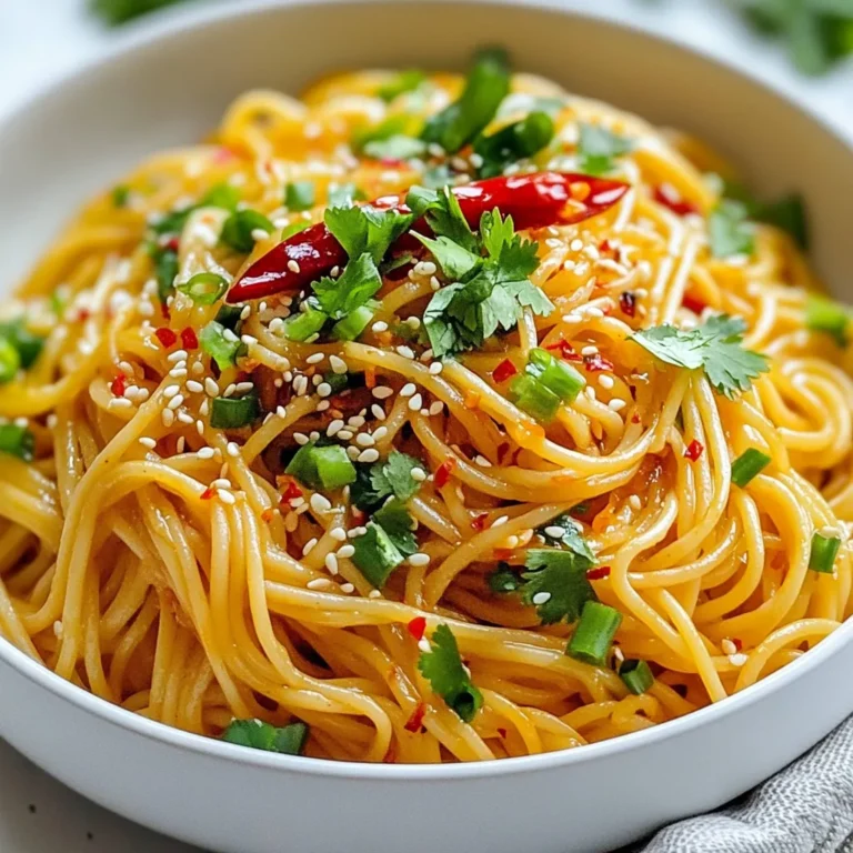 To make delicious Chili Garlic Noodles, you need the right ingredients. Here's what you will use: - 200g egg noodles - 2 tablespoons vegetable oil - 4 cloves garlic, minced - 1 red chili, finely chopped (adjust to taste) - 2 tablespoons soy sauce - 1 tablespoon chili paste (optional for extra heat) - 1 tablespoon sesame oil - 1 tablespoon rice vinegar - 1 teaspoon sugar - 2 green onions, chopped - Fresh cilantro, for garnish - Sesame seeds, for garnish Each ingredient plays a key role in flavor. The egg noodles give a nice chew. The garlic and red chili add boldness and heat. Soy sauce brings umami, while sesame oil adds nuttiness. Rice vinegar balances the dish with a touch of acidity. Sugar rounds out the flavors, making them pop. You can adjust the red chili and chili paste to your heat level. This recipe is all about your taste. Fresh cilantro and sesame seeds make it look nice and add extra flavor. Make sure to gather everything before you start cooking. This helps keep you organized and makes cooking fun! {{ingredient_image_1}} 1. Start by boiling water in a large pot. 2. Add 200g of egg noodles to the boiling water. 3. Cook the noodles until they are al dente, about 4-5 minutes. 4. Drain the noodles and set them aside in a bowl. 1. In a large pan or wok, heat 2 tablespoons of vegetable oil over medium heat. 2. Once the oil is hot, add 4 cloves of minced garlic. 3. Next, toss in 1 finely chopped red chili. Stir for 1-2 minutes. 4. Make sure the garlic and chili become fragrant but do not burn. 1. Now, add the cooked egg noodles to the pan. 2. Toss the noodles well to coat them in the garlic and chili mix. 3. In a small bowl, whisk together 2 tablespoons of soy sauce, 1 tablespoon of chili paste, 1 tablespoon of sesame oil, 1 tablespoon of rice vinegar, and 1 teaspoon of sugar. 4. Pour this sauce over the noodles and mix well. 5. Cook everything together for 2-3 more minutes. This helps the noodles absorb all the tasty flavors. 6. Just before serving, add chopped green onions to the mix. This step-by-step guide makes it easy to create your own spicy and flavorful chili garlic noodles at home! To cook egg noodles just right, aim for 6 to 8 minutes. You want them firm yet tender, also known as al dente. This avoids mushy noodles. After cooking, drain and set them aside to cool slightly. Adjusting the chili heat can make your meal perfect. Start with a small amount of red chili. Taste the dish and add more if you want extra heat. Use chili paste for even more spice. Always remember, you can add more heat, but you can’t take it away! Adding extra seasonings can elevate your dish. Try a splash of soy sauce or a dash of rice vinegar. You can also add a hint of ginger for warmth. Experiment with flavors; cooking is about personal touch. Garnishes play a big role in flavor and looks. Fresh cilantro adds freshness, while sesame seeds give a nice crunch. Green onions add a pop of color and a mild onion taste. Don’t skip on these toppings! Serve your noodles in a deep bowl for a cozy look. Layer the noodles and gently place garnishes on top. Add a few extra chili slices to enhance the color. A drizzle of sesame oil adds shine and flavor, making it look gourmet. A well-presented dish makes every meal special! Pro Tips Adjust the Heat: Feel free to modify the amount of red chili and chili paste based on your heat preference. Start with less and add more if you enjoy spiciness. Garnish Generously: Don't skimp on the cilantro and sesame seeds; they not only enhance the visual appeal but also add fresh flavor and texture to your dish. Choose the Right Noodles: If you can't find egg noodles, feel free to substitute with rice noodles or any noodles of your choice, adjusting the cooking time as necessary. Leftover Sauce: If you have leftover sauce, it makes a great marinade for protein or a dressing for salads. Store it in an airtight container in the fridge for up to a week. {{image_2}} You can switch up the noodles in this recipe. Try using rice noodles or whole wheat noodles. These options add unique flavors and textures. Rice noodles soak up sauce well, while whole wheat noodles offer a nutty taste. Garnishes can also change your dish. Instead of cilantro, use fresh basil or parsley. You can add crushed peanuts for crunch. A squeeze of lime adds a bright touch. Get creative and make it your own! For those who need gluten-free options, use gluten-free noodles. Many brands offer rice or quinoa-based noodles. They work just as well and taste great with the sauce. If you want a vegan dish, skip the egg noodles. Choose plant-based noodles instead. Make sure your soy sauce is vegan too. This way, everyone can enjoy the meal. Adjusting spice levels is easy. If you want a milder dish, reduce the chili. You can also use sweet chili sauce for a sweeter taste. For extra heat, add more chili paste. If you love creamy sauces, try adding a splash of coconut milk. This makes the dish rich and smooth. You can also mix in a bit of peanut butter for a nutty flavor. Experiment to find your perfect balance! To keep your chili garlic noodles fresh, you should refrigerate them. Here’s how to do it right: - Cool the noodles: Let them cool to room temperature before storing. - Use airtight containers: Glass or plastic containers with tight lids work best. This keeps the noodles from drying out. When it’s time to enjoy those leftovers, you have two main options: - Microwave: Place noodles in a microwave-safe dish. Add a splash of water to help steam them. Cover and heat for 1-2 minutes. - Stovetop: Heat a pan on medium. Add a bit of oil and the noodles. Stir gently until heated through. This method helps keep the texture nice. If you want to save some noodles for later, freezing is a great option. Here’s what to do: - Cool and portion: Let the noodles cool completely. Then, divide them into portions. - Use freezer bags: Place the portions in zip-top bags. Squeeze out as much air as you can before sealing. For thawing: - In the fridge: Place the bag in the fridge overnight. - Quick thaw: You can also run the bag under cold water for quicker thawing. After thawing, reheat as described above. To make your Chili Garlic Noodles even spicier, you can try these tips: - Add more red chili. Adjust the amount to your taste. - Mix in chili flakes for extra heat. - Use a spicy chili paste instead of soy sauce. - Drizzle in some hot sauce just before serving. These small changes can turn up the heat and enhance the flavors. Yes, you can use several types of noodles: - Rice noodles if you want a gluten-free option. - Udon noodles for a chewier texture. - Soba noodles for a nutty flavor. - Ramen noodles for a fun twist. Feel free to experiment with what you have. Check for these signs of perfect noodles: - They should be al dente, meaning firm but not hard. - Taste a noodle to see if it has a slight bite. - Look for a slight sheen; this means they are cooked well. Perfect noodles can make or break your dish. Here are some great side dish ideas: - Steamed vegetables for a fresh contrast. - Crispy tofu for protein and texture. - A light salad to balance the heat. - Spring rolls for a crunchy side. These options can elevate your meal. To adjust the recipe: - Double all ingredients for four servings. - Halve the ingredients for one serving. - Keep the same cooking times, but check noodles often. This makes it easy to serve more people without hassle. Chili Garlic Noodles are easy to make and full of flavor. We covered key ingredients, step-by-step cooking, and helpful tips. You learned about variations, storage methods, and common questions. Experimenting with spices and garnishes adds excitement. Each bite offers a tasty experience. Remember, cooking is fun! Try new things and make it yours. Enjoy your delicious noodles, and share them with friends or family. Happy cooking!