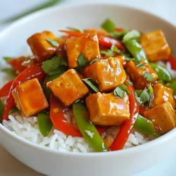 - Tofu and Vegetables - 1 block (14 oz) firm tofu, pressed and cubed - 2 tablespoons cornstarch - 1 red bell pepper, sliced - 1 green bell pepper, sliced - 1 cup snap peas, trimmed - Sauces and Oils - 2 tablespoons vegetable oil - 4 cloves garlic, minced - 1 tablespoon fresh ginger, grated - 1/4 cup sweet chili sauce - 2 tablespoons soy sauce (low sodium) - 1 tablespoon rice vinegar - 1 teaspoon sesame oil - Salt and pepper to taste - Optional Ingredients for Garnishing - Fresh cilantro for garnish (optional) - Cooked jasmine rice for serving Gather these items before you start cooking. You’ll need firm tofu, fresh veggies, and tasty sauces. I love using vibrant bell peppers and crunchy snap peas. They add color and crunch to the dish. The sweet chili sauce gives the stir fry its signature flavor. Don’t forget the garlic and ginger; they add a nice kick. You can also garnish your dish with fresh cilantro. It adds a fresh taste and looks great. Serve the stir fry over jasmine rice for a complete meal. Trust me, this combo makes for a flavorful and satisfying dish. {{ingredient_image_1}} - Pressing the Tofu Start by pressing the tofu. This step helps remove extra water. Wrap the tofu in a clean towel. Place something heavy on top for 15-20 minutes. This helps it get firm and ready for cooking. - Cutting and Coating with Cornstarch After pressing, cut the tofu into 1-inch cubes. Place these cubes in a bowl and add 2 tablespoons of cornstarch. Toss gently until each piece is coated. This coating gives the tofu a crispy texture when frying. - Heating Oil and Cooking Process In a large skillet or wok, heat 1 tablespoon of vegetable oil over medium-high heat. Once hot, add the cubed tofu in a single layer. Fry the tofu for about 8-10 minutes. Flip the pieces carefully to brown all sides evenly. - Achieving Golden Brown Texture Watch for the tofu to turn a golden brown color. This shows it is crispy and ready to eat. Once browned, remove the tofu from the skillet and set it aside. - Stir-frying Bell Peppers and Snap Peas In the same skillet, add the remaining tablespoon of oil. When hot, toss in sliced red and green bell peppers along with the snap peas. Stir-fry these for 3-4 minutes. You want them to be tender but still bright in color. - Adding Aromatics Next, add minced garlic and grated ginger to the pan. Stir-fry for about one minute until you smell their wonderful aroma. This step adds a lot of flavor to your dish. Tofu can be cooked in many ways. You can fry, bake, or air-fry it. Each method gives a different texture. - Frying: It gives a nice crispy outside. Use medium-high heat and watch it closely. - Baking: This method is simple. Coat the tofu with oil and bake until golden. - Air-frying: This is a healthier option. It gets crispy without much oil. Try these methods to find your favorite way to cook tofu! Flavor matters in any dish. Here are some ideas to boost the taste of your stir fry. - Seasoning Options: Besides salt and pepper, use spices like paprika or cumin. They add depth. - Additional Sauces: You can mix in soy sauce, hoisin sauce, or chili paste for more kick. Experiment with these options to make the dish your own! Pair your Sweet Chili Garlic Tofu Stir Fry with jasmine rice. This rice has a light and fragrant taste. It complements the rich flavors of the stir fry well. - Garnishes: Add fresh cilantro for a pop of color. It also adds freshness. - Side Dishes: Consider serving with a simple salad or steamed veggies. They balance the meal nicely. These tips will help you create a tasty and appealing dish! Pro Tips Press Tofu Well: Ensure you press the tofu for at least 20 minutes to remove as much moisture as possible. This helps achieve a firmer texture and allows it to absorb more flavor. Use High Heat: Stir-frying requires high heat. Make sure your skillet or wok is hot before adding the tofu and vegetables to achieve that perfect sear and vibrant color. Customize Vegetables: Feel free to swap out the bell peppers and snap peas for your favorite vegetables. Broccoli, carrots, or bok choy work great in this stir-fry! Make it Spicy: If you love heat, add some red pepper flakes or sliced fresh chili peppers when you add the garlic and ginger for an extra kick! {{image_2}} You can swap out bell peppers and snap peas for other veggies. Try using carrots or zucchini. Broccoli and mushrooms add nice flavors too. If you like greens, add bok choy or spinach. These swaps can change your stir-fry's texture and taste. Feel free to mix and match until you find your favorite blend. The key is to keep the cook time similar so all veggies stay crisp. Tofu is great, but you can try other proteins too. Chicken or shrimp can add a different twist. If you prefer plant-based options, tempeh works well. Just follow the same steps to cook them. If using chicken, cut it into small pieces and cook until done. For shrimp, just sauté until they turn pink. Each protein brings its own flavor and texture to the dish. If you need gluten-free options, choose tamari instead of soy sauce. Many sweet chili sauces are gluten-free, but check labels. Use cornstarch for the tofu coating, as it’s naturally gluten-free. Serve your stir-fry over rice or quinoa for a filling meal. This way, you can enjoy the dish without worry. To keep your Sweet Chili Garlic Tofu Stir Fry fresh, store it in the fridge. Use an airtight container. You can store it for up to three days. Make sure it cools down to room temperature before sealing. This helps prevent moisture buildup. To reheat, use the stovetop for the best results. Place the stir fry in a skillet over medium heat. Stir gently until warm. This keeps the tofu crispy and the veggies bright. You can also use a microwave. Heat in short bursts, stirring in between to avoid sogginess. If you want to freeze leftovers, wait until they cool completely. Place them in a freezer-safe bag or container. Remove as much air as possible to prevent freezer burn. You can freeze it for up to three months. To eat, thaw overnight in the fridge before reheating. You can try tempeh, seitan, or chickpeas. Each option gives a unique flavor and texture. Tempeh is fermented, adding a nutty taste. Seitan has a chewy texture, perfect for stir-fries. Chickpeas bring more protein and a slightly sweet flavor. Yes! You can add red pepper flakes or sriracha for heat. Start with a little, then taste as you go. You can also use spicy chili sauce instead of sweet chili sauce for a bolder flavor. Adjusting the spice level makes it your own. This dish can be healthy! It has lots of veggies and plant protein. Tofu is low in calories and high in protein. Use low-sodium soy sauce to cut back on salt. Fresh veggies add vitamins and minerals, making it a well-rounded meal. It takes about 20 minutes to prep and 10 minutes to cook. So, in total, you can have this dish ready in about 30 minutes. It's great for busy nights when you want a tasty meal fast! Serve it over cooked jasmine rice for a complete meal. You can also add quinoa for extra protein. A side of steamed broccoli or a fresh salad complements the stir-fry well. Enjoy your meal with a refreshing drink like iced green tea! You've learned how to make a great Sweet Chili Garlic Tofu Stir Fry. We covered each ingredient, preparation step, and tips for success. From perfecting the tofu texture to exploring variations, you've got all the tools. Proper storage and reheating tips ensure your meal stays delicious. Remember, cooking is fun and a chance to get creative. Try new flavors and ingredients. Enjoy making this dish, and share your experience with others!