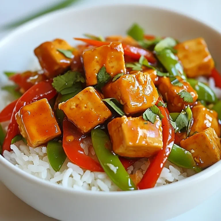 - Tofu and Vegetables - 1 block (14 oz) firm tofu, pressed and cubed - 2 tablespoons cornstarch - 1 red bell pepper, sliced - 1 green bell pepper, sliced - 1 cup snap peas, trimmed - Sauces and Oils - 2 tablespoons vegetable oil - 4 cloves garlic, minced - 1 tablespoon fresh ginger, grated - 1/4 cup sweet chili sauce - 2 tablespoons soy sauce (low sodium) - 1 tablespoon rice vinegar - 1 teaspoon sesame oil - Salt and pepper to taste - Optional Ingredients for Garnishing - Fresh cilantro for garnish (optional) - Cooked jasmine rice for serving Gather these items before you start cooking. You’ll need firm tofu, fresh veggies, and tasty sauces. I love using vibrant bell peppers and crunchy snap peas. They add color and crunch to the dish. The sweet chili sauce gives the stir fry its signature flavor. Don’t forget the garlic and ginger; they add a nice kick. You can also garnish your dish with fresh cilantro. It adds a fresh taste and looks great. Serve the stir fry over jasmine rice for a complete meal. Trust me, this combo makes for a flavorful and satisfying dish. {{ingredient_image_1}} - Pressing the Tofu Start by pressing the tofu. This step helps remove extra water. Wrap the tofu in a clean towel. Place something heavy on top for 15-20 minutes. This helps it get firm and ready for cooking. - Cutting and Coating with Cornstarch After pressing, cut the tofu into 1-inch cubes. Place these cubes in a bowl and add 2 tablespoons of cornstarch. Toss gently until each piece is coated. This coating gives the tofu a crispy texture when frying. - Heating Oil and Cooking Process In a large skillet or wok, heat 1 tablespoon of vegetable oil over medium-high heat. Once hot, add the cubed tofu in a single layer. Fry the tofu for about 8-10 minutes. Flip the pieces carefully to brown all sides evenly. - Achieving Golden Brown Texture Watch for the tofu to turn a golden brown color. This shows it is crispy and ready to eat. Once browned, remove the tofu from the skillet and set it aside. - Stir-frying Bell Peppers and Snap Peas In the same skillet, add the remaining tablespoon of oil. When hot, toss in sliced red and green bell peppers along with the snap peas. Stir-fry these for 3-4 minutes. You want them to be tender but still bright in color. - Adding Aromatics Next, add minced garlic and grated ginger to the pan. Stir-fry for about one minute until you smell their wonderful aroma. This step adds a lot of flavor to your dish. Tofu can be cooked in many ways. You can fry, bake, or air-fry it. Each method gives a different texture. - Frying: It gives a nice crispy outside. Use medium-high heat and watch it closely. - Baking: This method is simple. Coat the tofu with oil and bake until golden. - Air-frying: This is a healthier option. It gets crispy without much oil. Try these methods to find your favorite way to cook tofu! Flavor matters in any dish. Here are some ideas to boost the taste of your stir fry. - Seasoning Options: Besides salt and pepper, use spices like paprika or cumin. They add depth. - Additional Sauces: You can mix in soy sauce, hoisin sauce, or chili paste for more kick. Experiment with these options to make the dish your own! Pair your Sweet Chili Garlic Tofu Stir Fry with jasmine rice. This rice has a light and fragrant taste. It complements the rich flavors of the stir fry well. - Garnishes: Add fresh cilantro for a pop of color. It also adds freshness. - Side Dishes: Consider serving with a simple salad or steamed veggies. They balance the meal nicely. These tips will help you create a tasty and appealing dish! Pro Tips Press Tofu Well: Ensure you press the tofu for at least 20 minutes to remove as much moisture as possible. This helps achieve a firmer texture and allows it to absorb more flavor. Use High Heat: Stir-frying requires high heat. Make sure your skillet or wok is hot before adding the tofu and vegetables to achieve that perfect sear and vibrant color. Customize Vegetables: Feel free to swap out the bell peppers and snap peas for your favorite vegetables. Broccoli, carrots, or bok choy work great in this stir-fry! Make it Spicy: If you love heat, add some red pepper flakes or sliced fresh chili peppers when you add the garlic and ginger for an extra kick! {{image_2}} You can swap out bell peppers and snap peas for other veggies. Try using carrots or zucchini. Broccoli and mushrooms add nice flavors too. If you like greens, add bok choy or spinach. These swaps can change your stir-fry's texture and taste. Feel free to mix and match until you find your favorite blend. The key is to keep the cook time similar so all veggies stay crisp. Tofu is great, but you can try other proteins too. Chicken or shrimp can add a different twist. If you prefer plant-based options, tempeh works well. Just follow the same steps to cook them. If using chicken, cut it into small pieces and cook until done. For shrimp, just sauté until they turn pink. Each protein brings its own flavor and texture to the dish. If you need gluten-free options, choose tamari instead of soy sauce. Many sweet chili sauces are gluten-free, but check labels. Use cornstarch for the tofu coating, as it’s naturally gluten-free. Serve your stir-fry over rice or quinoa for a filling meal. This way, you can enjoy the dish without worry. To keep your Sweet Chili Garlic Tofu Stir Fry fresh, store it in the fridge. Use an airtight container. You can store it for up to three days. Make sure it cools down to room temperature before sealing. This helps prevent moisture buildup. To reheat, use the stovetop for the best results. Place the stir fry in a skillet over medium heat. Stir gently until warm. This keeps the tofu crispy and the veggies bright. You can also use a microwave. Heat in short bursts, stirring in between to avoid sogginess. If you want to freeze leftovers, wait until they cool completely. Place them in a freezer-safe bag or container. Remove as much air as possible to prevent freezer burn. You can freeze it for up to three months. To eat, thaw overnight in the fridge before reheating. You can try tempeh, seitan, or chickpeas. Each option gives a unique flavor and texture. Tempeh is fermented, adding a nutty taste. Seitan has a chewy texture, perfect for stir-fries. Chickpeas bring more protein and a slightly sweet flavor. Yes! You can add red pepper flakes or sriracha for heat. Start with a little, then taste as you go. You can also use spicy chili sauce instead of sweet chili sauce for a bolder flavor. Adjusting the spice level makes it your own. This dish can be healthy! It has lots of veggies and plant protein. Tofu is low in calories and high in protein. Use low-sodium soy sauce to cut back on salt. Fresh veggies add vitamins and minerals, making it a well-rounded meal. It takes about 20 minutes to prep and 10 minutes to cook. So, in total, you can have this dish ready in about 30 minutes. It's great for busy nights when you want a tasty meal fast! Serve it over cooked jasmine rice for a complete meal. You can also add quinoa for extra protein. A side of steamed broccoli or a fresh salad complements the stir-fry well. Enjoy your meal with a refreshing drink like iced green tea! You've learned how to make a great Sweet Chili Garlic Tofu Stir Fry. We covered each ingredient, preparation step, and tips for success. From perfecting the tofu texture to exploring variations, you've got all the tools. Proper storage and reheating tips ensure your meal stays delicious. Remember, cooking is fun and a chance to get creative. Try new flavors and ingredients. Enjoy making this dish, and share your experience with others!
