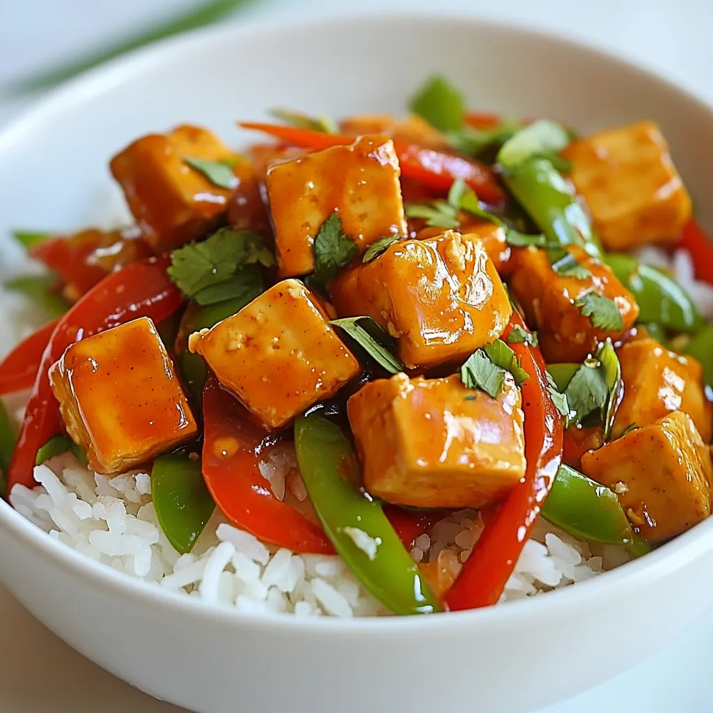 - Tofu and Vegetables - 1 block (14 oz) firm tofu, pressed and cubed - 2 tablespoons cornstarch - 1 red bell pepper, sliced - 1 green bell pepper, sliced - 1 cup snap peas, trimmed - Sauces and Oils - 2 tablespoons vegetable oil - 4 cloves garlic, minced - 1 tablespoon fresh ginger, grated - 1/4 cup sweet chili sauce - 2 tablespoons soy sauce (low sodium) - 1 tablespoon rice vinegar - 1 teaspoon sesame oil - Salt and pepper to taste - Optional Ingredients for Garnishing - Fresh cilantro for garnish (optional) - Cooked jasmine rice for serving Gather these items before you start cooking. You’ll need firm tofu, fresh veggies, and tasty sauces. I love using vibrant bell peppers and crunchy snap peas. They add color and crunch to the dish. The sweet chili sauce gives the stir fry its signature flavor. Don’t forget the garlic and ginger; they add a nice kick. You can also garnish your dish with fresh cilantro. It adds a fresh taste and looks great. Serve the stir fry over jasmine rice for a complete meal. Trust me, this combo makes for a flavorful and satisfying dish. {{ingredient_image_1}} - Pressing the Tofu Start by pressing the tofu. This step helps remove extra water. Wrap the tofu in a clean towel. Place something heavy on top for 15-20 minutes. This helps it get firm and ready for cooking. - Cutting and Coating with Cornstarch After pressing, cut the tofu into 1-inch cubes. Place these cubes in a bowl and add 2 tablespoons of cornstarch. Toss gently until each piece is coated. This coating gives the tofu a crispy texture when frying. - Heating Oil and Cooking Process In a large skillet or wok, heat 1 tablespoon of vegetable oil over medium-high heat. Once hot, add the cubed tofu in a single layer. Fry the tofu for about 8-10 minutes. Flip the pieces carefully to brown all sides evenly. - Achieving Golden Brown Texture Watch for the tofu to turn a golden brown color. This shows it is crispy and ready to eat. Once browned, remove the tofu from the skillet and set it aside. - Stir-frying Bell Peppers and Snap Peas In the same skillet, add the remaining tablespoon of oil. When hot, toss in sliced red and green bell peppers along with the snap peas. Stir-fry these for 3-4 minutes. You want them to be tender but still bright in color. - Adding Aromatics Next, add minced garlic and grated ginger to the pan. Stir-fry for about one minute until you smell their wonderful aroma. This step adds a lot of flavor to your dish. Tofu can be cooked in many ways. You can fry, bake, or air-fry it. Each method gives a different texture. - Frying: It gives a nice crispy outside. Use medium-high heat and watch it closely. - Baking: This method is simple. Coat the tofu with oil and bake until golden. - Air-frying: This is a healthier option. It gets crispy without much oil. Try these methods to find your favorite way to cook tofu! Flavor matters in any dish. Here are some ideas to boost the taste of your stir fry. - Seasoning Options: Besides salt and pepper, use spices like paprika or cumin. They add depth. - Additional Sauces: You can mix in soy sauce, hoisin sauce, or chili paste for more kick. Experiment with these options to make the dish your own! Pair your Sweet Chili Garlic Tofu Stir Fry with jasmine rice. This rice has a light and fragrant taste. It complements the rich flavors of the stir fry well. - Garnishes: Add fresh cilantro for a pop of color. It also adds freshness. - Side Dishes: Consider serving with a simple salad or steamed veggies. They balance the meal nicely. These tips will help you create a tasty and appealing dish! Pro Tips Press Tofu Well: Ensure you press the tofu for at least 20 minutes to remove as much moisture as possible. This helps achieve a firmer texture and allows it to absorb more flavor. Use High Heat: Stir-frying requires high heat. Make sure your skillet or wok is hot before adding the tofu and vegetables to achieve that perfect sear and vibrant color. Customize Vegetables: Feel free to swap out the bell peppers and snap peas for your favorite vegetables. Broccoli, carrots, or bok choy work great in this stir-fry! Make it Spicy: If you love heat, add some red pepper flakes or sliced fresh chili peppers when you add the garlic and ginger for an extra kick! {{image_2}} You can swap out bell peppers and snap peas for other veggies. Try using carrots or zucchini. Broccoli and mushrooms add nice flavors too. If you like greens, add bok choy or spinach. These swaps can change your stir-fry's texture and taste. Feel free to mix and match until you find your favorite blend. The key is to keep the cook time similar so all veggies stay crisp. Tofu is great, but you can try other proteins too. Chicken or shrimp can add a different twist. If you prefer plant-based options, tempeh works well. Just follow the same steps to cook them. If using chicken, cut it into small pieces and cook until done. For shrimp, just sauté until they turn pink. Each protein brings its own flavor and texture to the dish. If you need gluten-free options, choose tamari instead of soy sauce. Many sweet chili sauces are gluten-free, but check labels. Use cornstarch for the tofu coating, as it’s naturally gluten-free. Serve your stir-fry over rice or quinoa for a filling meal. This way, you can enjoy the dish without worry. To keep your Sweet Chili Garlic Tofu Stir Fry fresh, store it in the fridge. Use an airtight container. You can store it for up to three days. Make sure it cools down to room temperature before sealing. This helps prevent moisture buildup. To reheat, use the stovetop for the best results. Place the stir fry in a skillet over medium heat. Stir gently until warm. This keeps the tofu crispy and the veggies bright. You can also use a microwave. Heat in short bursts, stirring in between to avoid sogginess. If you want to freeze leftovers, wait until they cool completely. Place them in a freezer-safe bag or container. Remove as much air as possible to prevent freezer burn. You can freeze it for up to three months. To eat, thaw overnight in the fridge before reheating. You can try tempeh, seitan, or chickpeas. Each option gives a unique flavor and texture. Tempeh is fermented, adding a nutty taste. Seitan has a chewy texture, perfect for stir-fries. Chickpeas bring more protein and a slightly sweet flavor. Yes! You can add red pepper flakes or sriracha for heat. Start with a little, then taste as you go. You can also use spicy chili sauce instead of sweet chili sauce for a bolder flavor. Adjusting the spice level makes it your own. This dish can be healthy! It has lots of veggies and plant protein. Tofu is low in calories and high in protein. Use low-sodium soy sauce to cut back on salt. Fresh veggies add vitamins and minerals, making it a well-rounded meal. It takes about 20 minutes to prep and 10 minutes to cook. So, in total, you can have this dish ready in about 30 minutes. It's great for busy nights when you want a tasty meal fast! Serve it over cooked jasmine rice for a complete meal. You can also add quinoa for extra protein. A side of steamed broccoli or a fresh salad complements the stir-fry well. Enjoy your meal with a refreshing drink like iced green tea! You've learned how to make a great Sweet Chili Garlic Tofu Stir Fry. We covered each ingredient, preparation step, and tips for success. From perfecting the tofu texture to exploring variations, you've got all the tools. Proper storage and reheating tips ensure your meal stays delicious. Remember, cooking is fun and a chance to get creative. Try new flavors and ingredients. Enjoy making this dish, and share your experience with others!