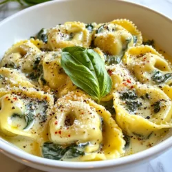 To make creamy spinach parmesan tortellini, gather these simple ingredients: - 12 oz fresh cheese tortellini - 2 cups fresh spinach, chopped - 1 cup heavy cream - 1 cup grated Parmesan cheese - 2 cloves garlic, minced - 2 tablespoons olive oil - 1/2 teaspoon red pepper flakes (optional) - Salt and pepper to taste - Fresh basil, for garnish These ingredients work well together. The cheese tortellini gives a nice base. Fresh spinach adds color and nutrition. Heavy cream creates a rich sauce. Parmesan cheese brings in a salty, nutty flavor. Garlic enhances the taste. Olive oil is great for sautéing. Red pepper flakes add a little heat, if you like. Salt and pepper round off the dish. Finally, fresh basil makes a lovely garnish. Having these items ready makes cooking easier. You can find most at a grocery store. Fresh ingredients make the dish taste amazing. Enjoy the blend of flavors in every bite! {{ingredient_image_1}} To start, boil a large pot of salted water. This helps add flavor. Once it boils, add 12 oz of fresh cheese tortellini. Cook it according to the package instructions. You want it to be al dente, or slightly firm. After cooking, drain the tortellini and set it aside. Next, grab a large skillet. Heat 2 tablespoons of olive oil over medium heat. Once hot, add 2 cloves of minced garlic. Sauté for about 1-2 minutes. You want it fragrant but not brown. Now, add 2 cups of chopped fresh spinach. Stir it for 3-4 minutes until it wilts down. This adds great flavor and nutrition. Lower the heat and pour in 1 cup of heavy cream. Stir it well. Gradually mix in 1 cup of grated Parmesan cheese. Keep stirring until it melts and becomes creamy. If you like a kick, add 1/2 teaspoon of red pepper flakes. Don’t forget to season with salt and pepper to taste. Now it’s time to bring it all together! Toss the cooked tortellini into the creamy spinach sauce. Stir gently to coat each piece well. It should look rich and inviting. Remove the skillet from heat and let it sit for a minute to thicken slightly. This will make every bite even more delicious. Serve your creamy spinach parmesan tortellini in shallow bowls. For a final touch, garnish with extra grated Parmesan and fresh basil leaves. Enjoy this warm and comforting meal! When you pick spinach, look for bright green leaves. Avoid any yellow or wilting leaves. Fresh spinach should feel crisp and firm. If you can, smell it; fresh spinach has a nice, earthy scent. You can also check for dirt or bugs, especially if you buy it from a farmer’s market. Always wash your spinach well before using it. This helps remove any dirt or grit. To get that perfect creamy texture, use heavy cream. It makes the sauce rich and smooth. Heat the cream slowly to prevent curdling. Stir it well with the cheese until it melts fully. If you want a lighter sauce, mix in some milk or broth. But keep in mind that it might lose some creaminess. Adding the cheese gradually helps it blend better. For a pretty plate, use shallow bowls. This allows you to showcase the dish nicely. Top with extra grated Parmesan for a cheesy look. Fresh basil leaves add a pop of color and a nice aroma. You can also sprinkle some red pepper flakes on top for a bit of heat. This simple touch makes the dish look gourmet and inviting. Pro Tips Use Fresh Ingredients: For the best flavor, opt for fresh cheese tortellini and seasonal spinach. Fresh ingredients elevate the dish significantly. Adjust the Creaminess: If you prefer a lighter sauce, substitute half of the heavy cream with chicken or vegetable broth. This adds flavor without the extra calories. Spice It Up: For an extra kick, increase the amount of red pepper flakes or add a dash of hot sauce to the creamy sauce. Make It Ahead: This dish can be prepared in advance. Just reheat gently on the stove with a splash of cream to maintain its creamy texture. {{image_2}} You can boost the dish with protein. Try adding cooked chicken for extra flavor. Shrimp also pairs well, adding a nice touch. For a vegetarian option, use chickpeas or white beans. These proteins make the meal heartier. Each choice brings its own unique taste. If you want a dairy-free version, swap heavy cream with coconut cream. It keeps the dish rich and creamy. Use nutritional yeast instead of Parmesan for a cheesy flavor. You can also try cashew cream, which is smooth and tasty. These swaps are great for lactose-free diets. To add zest, toss in some lemon juice or zest. This brightens the flavor and adds freshness. You can also experiment with herbs like oregano or thyme. Adding sun-dried tomatoes gives a sweet and tangy twist. Try varying the red pepper flakes for heat. Each tweak creates a new experience with the dish. After enjoying your creamy spinach parmesan tortellini, you may have some left. Store the leftovers in a tight container. This will keep them fresh for up to three days in the fridge. Make sure to let the dish cool down before sealing it. This prevents moisture buildup, which can make the pasta soggy. When you are ready to eat your leftovers, reheat them gently. I recommend using a skillet over low heat. Add a splash of cream or water to keep the dish moist. Stir often to warm it evenly. You can also use the microwave, but be careful not to overheat. Heat in short bursts, stirring in between. If you want to save some for later, you can freeze the tortellini. Place it in a freezer-safe bag or container. Try to remove as much air as possible to avoid freezer burn. It can last up to three months in the freezer. When you're ready to eat, thaw it overnight in the fridge. Reheat as mentioned above. Enjoy your tasty meal anytime! Yes, you can use frozen tortellini. Just boil it straight from the freezer. This saves time and still tastes great. Follow the cooking time on the package. You may need to add a minute or two. Frozen tortellini works well in this creamy dish. To make it gluten-free, choose gluten-free tortellini. Many brands offer tasty options made from rice or corn. Check your local store for these. The rest of the recipe stays the same. This way, everyone can enjoy the meal. You can serve this dish with a fresh salad. A simple green salad pairs well. Garlic bread is another tasty option. It helps soak up the creamy sauce. For a special touch, add some roasted vegetables on the side. These choices make a complete meal. This blog post covered a simple and tasty recipe for creamy spinach parmesan tortellini. You learned about the key ingredients and steps needed to create this dish. I shared helpful tips and variations to make it your own. Enjoy experimenting with flavors and make it fit your taste. Remember, cooking should be fun! With these easy steps, you can impress anyone with this amazing meal. Keep the leftovers handy for a quick future meal. Happy cooking!