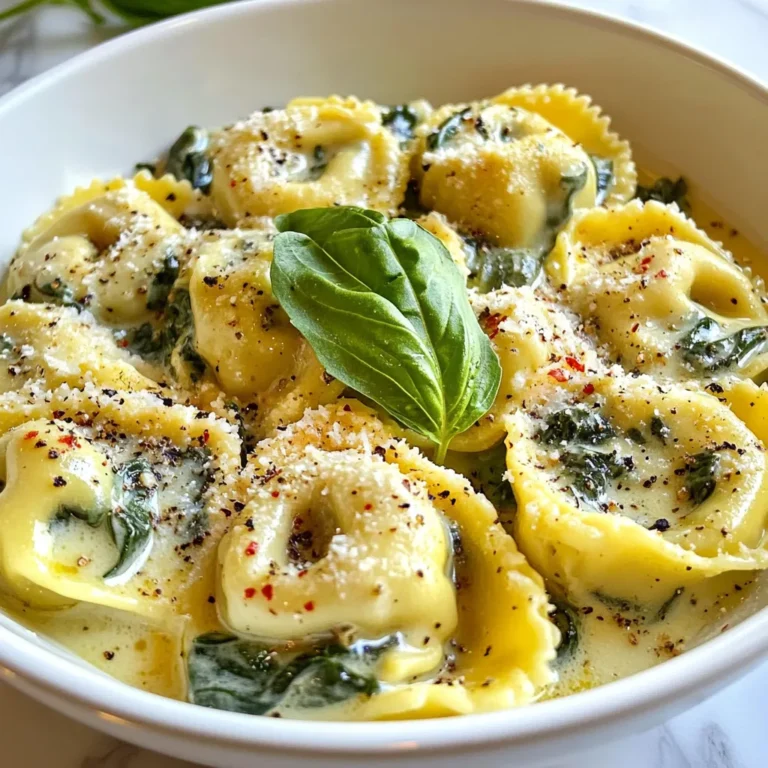 To make creamy spinach parmesan tortellini, gather these simple ingredients: - 12 oz fresh cheese tortellini - 2 cups fresh spinach, chopped - 1 cup heavy cream - 1 cup grated Parmesan cheese - 2 cloves garlic, minced - 2 tablespoons olive oil - 1/2 teaspoon red pepper flakes (optional) - Salt and pepper to taste - Fresh basil, for garnish These ingredients work well together. The cheese tortellini gives a nice base. Fresh spinach adds color and nutrition. Heavy cream creates a rich sauce. Parmesan cheese brings in a salty, nutty flavor. Garlic enhances the taste. Olive oil is great for sautéing. Red pepper flakes add a little heat, if you like. Salt and pepper round off the dish. Finally, fresh basil makes a lovely garnish. Having these items ready makes cooking easier. You can find most at a grocery store. Fresh ingredients make the dish taste amazing. Enjoy the blend of flavors in every bite! {{ingredient_image_1}} To start, boil a large pot of salted water. This helps add flavor. Once it boils, add 12 oz of fresh cheese tortellini. Cook it according to the package instructions. You want it to be al dente, or slightly firm. After cooking, drain the tortellini and set it aside. Next, grab a large skillet. Heat 2 tablespoons of olive oil over medium heat. Once hot, add 2 cloves of minced garlic. Sauté for about 1-2 minutes. You want it fragrant but not brown. Now, add 2 cups of chopped fresh spinach. Stir it for 3-4 minutes until it wilts down. This adds great flavor and nutrition. Lower the heat and pour in 1 cup of heavy cream. Stir it well. Gradually mix in 1 cup of grated Parmesan cheese. Keep stirring until it melts and becomes creamy. If you like a kick, add 1/2 teaspoon of red pepper flakes. Don’t forget to season with salt and pepper to taste. Now it’s time to bring it all together! Toss the cooked tortellini into the creamy spinach sauce. Stir gently to coat each piece well. It should look rich and inviting. Remove the skillet from heat and let it sit for a minute to thicken slightly. This will make every bite even more delicious. Serve your creamy spinach parmesan tortellini in shallow bowls. For a final touch, garnish with extra grated Parmesan and fresh basil leaves. Enjoy this warm and comforting meal! When you pick spinach, look for bright green leaves. Avoid any yellow or wilting leaves. Fresh spinach should feel crisp and firm. If you can, smell it; fresh spinach has a nice, earthy scent. You can also check for dirt or bugs, especially if you buy it from a farmer’s market. Always wash your spinach well before using it. This helps remove any dirt or grit. To get that perfect creamy texture, use heavy cream. It makes the sauce rich and smooth. Heat the cream slowly to prevent curdling. Stir it well with the cheese until it melts fully. If you want a lighter sauce, mix in some milk or broth. But keep in mind that it might lose some creaminess. Adding the cheese gradually helps it blend better. For a pretty plate, use shallow bowls. This allows you to showcase the dish nicely. Top with extra grated Parmesan for a cheesy look. Fresh basil leaves add a pop of color and a nice aroma. You can also sprinkle some red pepper flakes on top for a bit of heat. This simple touch makes the dish look gourmet and inviting. Pro Tips Use Fresh Ingredients: For the best flavor, opt for fresh cheese tortellini and seasonal spinach. Fresh ingredients elevate the dish significantly. Adjust the Creaminess: If you prefer a lighter sauce, substitute half of the heavy cream with chicken or vegetable broth. This adds flavor without the extra calories. Spice It Up: For an extra kick, increase the amount of red pepper flakes or add a dash of hot sauce to the creamy sauce. Make It Ahead: This dish can be prepared in advance. Just reheat gently on the stove with a splash of cream to maintain its creamy texture. {{image_2}} You can boost the dish with protein. Try adding cooked chicken for extra flavor. Shrimp also pairs well, adding a nice touch. For a vegetarian option, use chickpeas or white beans. These proteins make the meal heartier. Each choice brings its own unique taste. If you want a dairy-free version, swap heavy cream with coconut cream. It keeps the dish rich and creamy. Use nutritional yeast instead of Parmesan for a cheesy flavor. You can also try cashew cream, which is smooth and tasty. These swaps are great for lactose-free diets. To add zest, toss in some lemon juice or zest. This brightens the flavor and adds freshness. You can also experiment with herbs like oregano or thyme. Adding sun-dried tomatoes gives a sweet and tangy twist. Try varying the red pepper flakes for heat. Each tweak creates a new experience with the dish. After enjoying your creamy spinach parmesan tortellini, you may have some left. Store the leftovers in a tight container. This will keep them fresh for up to three days in the fridge. Make sure to let the dish cool down before sealing it. This prevents moisture buildup, which can make the pasta soggy. When you are ready to eat your leftovers, reheat them gently. I recommend using a skillet over low heat. Add a splash of cream or water to keep the dish moist. Stir often to warm it evenly. You can also use the microwave, but be careful not to overheat. Heat in short bursts, stirring in between. If you want to save some for later, you can freeze the tortellini. Place it in a freezer-safe bag or container. Try to remove as much air as possible to avoid freezer burn. It can last up to three months in the freezer. When you're ready to eat, thaw it overnight in the fridge. Reheat as mentioned above. Enjoy your tasty meal anytime! Yes, you can use frozen tortellini. Just boil it straight from the freezer. This saves time and still tastes great. Follow the cooking time on the package. You may need to add a minute or two. Frozen tortellini works well in this creamy dish. To make it gluten-free, choose gluten-free tortellini. Many brands offer tasty options made from rice or corn. Check your local store for these. The rest of the recipe stays the same. This way, everyone can enjoy the meal. You can serve this dish with a fresh salad. A simple green salad pairs well. Garlic bread is another tasty option. It helps soak up the creamy sauce. For a special touch, add some roasted vegetables on the side. These choices make a complete meal. This blog post covered a simple and tasty recipe for creamy spinach parmesan tortellini. You learned about the key ingredients and steps needed to create this dish. I shared helpful tips and variations to make it your own. Enjoy experimenting with flavors and make it fit your taste. Remember, cooking should be fun! With these easy steps, you can impress anyone with this amazing meal. Keep the leftovers handy for a quick future meal. Happy cooking!