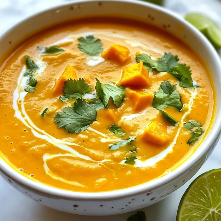 To make a creamy sweet potato soup, you need these key ingredients: - 2 large sweet potatoes, peeled and diced - 1 medium onion, chopped - 2 cloves garlic, minced - 1 tablespoon fresh ginger, grated - 4 cups vegetable broth - 1 can (13.5 oz) coconut milk - 1 tablespoon olive oil - 1 teaspoon ground cumin - Salt and pepper to taste These ingredients form the heart of the soup. Sweet potatoes give it a natural sweetness. Onion and garlic add depth. Ginger brings a warm kick. Vegetable broth creates a rich base. Coconut milk makes it creamy and smooth. You can enhance the flavor with these optional ingredients: - A sprinkle of chili flakes for heat - A dash of smoked paprika for a unique twist - Fresh herbs like thyme or rosemary for earthiness Adding these ingredients can take your soup to new heights. They offer a layer of flavor that excites your palate. Garnishing your soup makes it look beautiful and adds taste. Here are some great options: - Fresh cilantro for a burst of freshness - Lime wedges for zesty brightness - A swirl of coconut milk for creaminess These garnishes not only add color but also elevate the flavor. A squeeze of lime brings a refreshing contrast to the sweet potatoes. {{ingredient_image_1}} First, gather all your ingredients. You will need: - 2 large sweet potatoes, peeled and diced - 1 medium onion, chopped - 2 cloves garlic, minced - 1 tablespoon fresh ginger, grated - 4 cups vegetable broth - 1 can (13.5 oz) coconut milk - 1 tablespoon olive oil - 1 teaspoon ground cumin - Salt and pepper to taste - Fresh cilantro for garnish - Lime wedges for serving Next, peel and chop the sweet potatoes. This step is key for even cooking. Chop the onion and mince the garlic. Grate the ginger too. Having all these ready helps speed up the cooking process. Heat the olive oil in a large pot over medium heat. Once hot, add the chopped onion. Sauté until the onion turns soft and clear, about 5 minutes. Then, stir in the minced garlic and grated ginger. Cook for 1-2 minutes more, letting the flavors blend. Now, add the diced sweet potatoes and ground cumin to the pot. Stir well. Pour in the vegetable broth, making sure the sweet potatoes are fully covered. Bring this mixture to a boil. Once boiling, lower the heat to a simmer. Cook for about 20 minutes or until the sweet potatoes are tender. After cooking, take the pot off the heat. Use an immersion blender to puree the soup until smooth. If you don’t have one, carefully transfer the soup in batches to a standard blender. Blend until creamy. Once blended, return the smooth soup to low heat. Stir in the coconut milk. Mix until it’s fully combined and heated through. Season with salt and pepper to taste. Serve the soup hot. Top with fresh cilantro and a squeeze of lime juice for that perfect touch. To get a smooth and creamy soup, use an immersion blender. It’s easy and quick. If you don’t have one, a countertop blender works too. Just be careful with hot soup. Make sure to blend in small batches. This helps keep the texture light and fluffy. Blend until there are no lumps left. To boost the flavor, try adding spices. A pinch of nutmeg or cinnamon can bring warmth. You can also mix in a bit of smoked paprika for a rich taste. Fresh herbs like thyme or rosemary can add a nice twist. For a kick, toss in some red pepper flakes. Taste as you go to find what you like best. A heavy-bottomed pot is great for even cooking. It helps prevent burning. An immersion blender is a must-have for this recipe. It saves time and effort. A good cutting board and sharp knife make prep easy. If you like, keep a ladle handy for serving. These tools make cooking smoother and fun. Pro Tips Perfectly Peel the Sweet Potatoes: To make peeling easier, microwave the sweet potatoes for a minute or two. This softens the skin and makes it easier to remove. Boost Flavor with Herbs: Consider adding a sprig of thyme or rosemary while simmering the soup for an extra layer of flavor. Just remember to remove it before blending! Adjust Consistency: If you prefer a thicker soup, reduce the amount of vegetable broth slightly. For a thinner consistency, add more broth or water after blending. Garnish Creatively: Besides cilantro and lime, consider topping the soup with toasted pumpkin seeds or a drizzle of chili oil for added texture and flavor. {{image_2}} To make this soup vegan, you can use vegetable broth and coconut milk. Both are already in the recipe. This soup is creamy and rich without any dairy. If you want extra protein, add some cooked lentils. They blend well and add texture. If you like heat, add a pinch of cayenne pepper or red pepper flakes. Start with a small amount. You can always add more later. I suggest tasting the soup after blending. Adjust the spice to fit your taste. For a milder flavor, skip the spices altogether. If you have allergies, consider these swaps: - Replace coconut milk with almond or soy milk. - Use low-sodium vegetable broth if you monitor salt intake. - For nut allergies, stick with rice milk or oat milk. These changes keep the soup tasty and safe for everyone. You can enjoy creamy sweet potato soup, no matter your diet. Store your creamy sweet potato soup in an airtight container. Let it cool first. This helps keep the soup fresh. In the fridge, it can last about 3 to 5 days. Always label your container with the date. This way, you know when you made it. You can freeze this soup if you want to save some for later. Use a freezer-safe container or zip-top bags. Leave some space at the top for expansion. It will stay good for about 3 months. Thaw it in the fridge overnight before you reheat. To reheat, pour the soup into a pot. Warm it over low heat. Stir often to avoid sticking. You can also use a microwave. Heat in short bursts, stirring in between. Make sure it’s hot all the way through. Add a splash of coconut milk for creaminess if needed. Creamy sweet potato soup lasts for about 3 to 5 days in the fridge. Store it in an airtight container. This keeps it fresh and safe to eat. Always check for any off smells or changes in texture before enjoying it again. Yes, you can use other types of potatoes. Regular potatoes, like Yukon Gold or red potatoes, work well. They may change the flavor and texture slightly, but they will still be tasty. Experiment with different types to find your favorite. Sweet potato soup pairs well with many dishes. You can serve it with crusty bread or a fresh salad. For a heartier meal, try adding grilled cheese sandwiches or warm quesadillas. These sides add fun flavors and textures to your meal. This blog post covered how to make creamy sweet potato soup from start to finish. We explored essential and optional ingredients, plus tips to boost flavor. I shared easy steps for cooking, blending, and storing your soup. You learned variations, like vegan options and spice adjustments, to suit your taste. Remember, soup can be a canvas for your creativity. Experiment with different flavors and enjoy a bowl of warmth. Your perfect creamy sweet potato soup awaits!