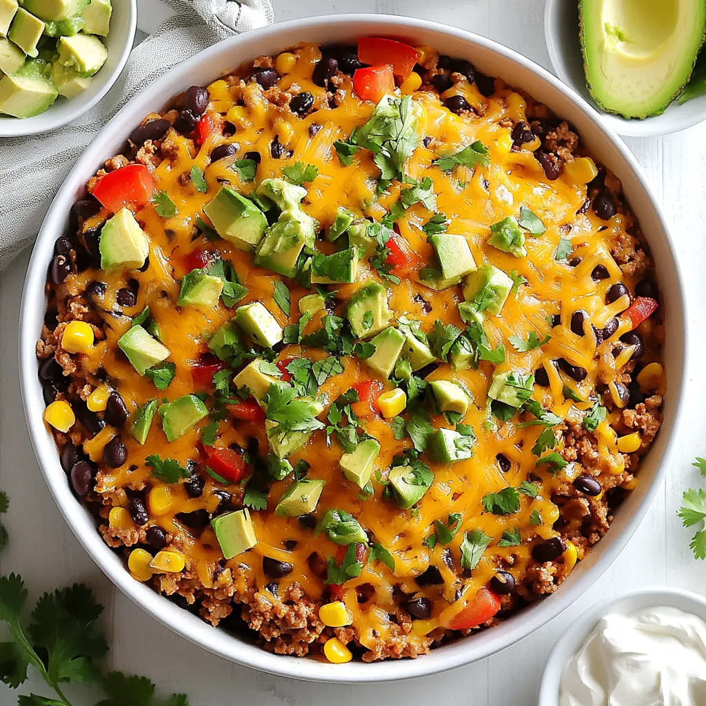 To make a tasty Cheesy Fiesta Taco Skillet, you need: - 1 lb ground turkey or beef - 1 can (15 oz) black beans, drained and rinsed - 1 can (15 oz) corn, drained - 1 packet taco seasoning - 1 cup diced tomatoes (fresh or canned) - 1 bell pepper, diced (any color) - 1 small onion, diced - 2 cups shredded cheese (cheddar and Monterey Jack blend) - 1 tablespoon olive oil - 1/2 teaspoon garlic powder - Salt and pepper to taste These ingredients come together to create a rich and savory dish. The ground meat is the base. The beans and corn add texture and flavor. Taco seasoning brings zest, while the tomatoes and peppers add freshness. For the best melting cheese, I recommend using a blend of cheddar and Monterey Jack. These cheeses melt well and create a creamy texture. You can also try pepper jack for a spicy kick. To make the cheese blend even better, mix in some mozzarella. It adds stretchiness, which is fun! Use about two cups of cheese to ensure every bite is cheesy and delicious. To finish your dish, use fresh cilantro for a bright touch. It adds a pop of flavor. Also, consider serving sour cream and avocado on the side. They add creaminess and balance the spices. These garnishes make the dish look pretty too! {{ingredient_image_1}} - Sautéing vegetables Start by heating one tablespoon of olive oil in a large skillet over medium heat. Add one diced onion and one diced bell pepper. Sauté them for 3-4 minutes. You want them soft but not mushy. This step adds great flavor to your dish. - Browning the meat Next, add one pound of ground turkey or beef to the skillet. Break it up with a spoon as it cooks. Cook for about 5-7 minutes until it is browned and fully cooked. If there is excess fat, drain it carefully. - Combining ingredients Now, stir in one packet of taco seasoning, 1/2 teaspoon of garlic powder, and salt and pepper to taste. Mix everything well. Add one can of drained and rinsed black beans, one can of drained corn, and one cup of diced tomatoes. Stir to combine. Let it cook for another 3-4 minutes until everything is warm. - Melting cheese Sprinkle two cups of shredded cheese evenly over the top. Cover the skillet with a lid. Let it sit for about 2-3 minutes until the cheese is melted and bubbly. This is the magic moment when your dish turns cheesy and delicious! - Garnishing tips Once the cheese melts, remove the skillet from heat. Garnish with chopped fresh cilantro for a burst of color and flavor. It adds a nice fresh touch to the dish. - Serving suggestions Serve the Cheesy Fiesta Taco Skillet hot. You can add sour cream and avocado on the side for extra creaminess. This dish is perfect for family dinners or casual gatherings. Enjoy it straight from the skillet! To get the best flavor, use fresh spices. Fresh herbs, like cilantro, add zing. I like to start by cooking the onions and peppers. This softens them and builds a great base. Make sure to stir often so nothing burns. For even cooking, chop your veggies and meat into similar sizes. This helps everything cook at the same rate. If you notice some spots cooking faster, give them a stir. To make this dish gluten-free, swap the taco seasoning packet with gluten-free spices. You can mix chili powder, cumin, and paprika for a tasty blend. Use gluten-free corn tortillas on the side if you want. If you want less spice, use less taco seasoning or choose a mild one. You can also skip the garlic powder or use fresh garlic for a milder taste. Pair this skillet with a simple salad or rice. Rice adds a nice texture and can soak up the flavors. You can also serve it with tortilla chips for crunch. To store leftovers, place them in an airtight container. It will last for up to three days in the fridge. When you're ready to eat, just heat it on the stove or in the microwave. Pro Tips Choose Lean Meat: Using ground turkey not only makes this dish healthier, but it also absorbs the flavors beautifully. If you prefer beef, opt for lean ground beef to reduce the fat content. Customize Your Spice Level: If you like it spicy, consider adding jalapeños or a dash of cayenne pepper to the skillet while cooking. Adjust the taco seasoning to your taste as well. Use Fresh Ingredients: Fresh bell peppers and tomatoes can elevate the flavor of your dish. If using canned tomatoes, go for fire-roasted varieties for an extra kick. Serve with Toppings: Enhance the dish by offering a variety of toppings such as sliced olives, diced green onions, or a squeeze of lime to give it a fresh, zesty finish. {{image_2}} You can easily swap ingredients in Cheesy Fiesta Taco Skillet. If you want a vegetarian dish, use lentils or extra beans instead of meat. You can also swap in mushrooms for a meaty texture. For protein choices, chicken or pork work well. You can use ground chicken or shredded rotisserie chicken. To add heat, toss in jalapeños. Fresh or pickled jalapeños bring a great kick. For a unique flavor, try different spice blends. You can use chili powder, smoked paprika, or even curry powder for a twist. Each blend adds a new layer of taste. Get creative with how you serve the dish. You can layer it in bowls or serve it in taco shells. For a party, use small portions in cups. Garnish each serving with cilantro and a dollop of sour cream or avocado. This makes the dish look fancy and fun. To keep your Cheesy Fiesta Taco Skillet fresh, store it in an airtight container. Let the dish cool first. You can refrigerate it for up to three days. Be sure to reheat it well before serving. If you want to save some for later, freezing works great. Use a freezer-safe container or zip-top bag. Label the bag with the date. It lasts for about three months in the freezer. When you’re ready to eat, thaw it in the fridge overnight. Reheat in a skillet or microwave until hot. You can get creative with leftovers! Try using the skillet in tacos or burritos. Mix it into scrambled eggs for a fun breakfast. You can also top a baked potato with it for a tasty twist. The options are endless! To add some heat, try these simple tips: - Mix in diced jalapeños for a fresh kick. - Use spicy taco seasoning instead of the regular kind. - Add a few dashes of hot sauce to the meat mix. - Top with sliced fresh chili peppers before serving. These options let you control the spice level to suit your taste. Absolutely! Here are some tasty cheese swaps: - Pepper Jack adds a nice kick with creaminess. - Gouda brings a rich flavor that melts well. - Queso Fresco offers a fresh and crumbly finish. Feel free to get creative with your favorite cheese blends! Pair this dish with these sides: - Rice: Fluffy white or brown rice balances the flavors. - Tortilla Chips: Crunchy chips make a great snack. - Salad: A simple green salad adds freshness. For drinks, try: - Soda: A cold soda complements the flavors well. - Lemonade: The tartness of lemonade pairs nicely. These options enhance your meal and make it more fun! In this blog post, we explored how to make a delicious Cheesy Fiesta Taco Skillet. We looked at key ingredients, cheese options, and tasty garnishes. The step-by-step guide helped with preparation and cooking methods. You learned useful tips for flavor and storage. We even discussed fun variations and storage ideas. By following these steps, you can create a fun and tasty meal. Enjoy making your own Cheesy Fiesta Taco Skillet, and share it with friends and family!