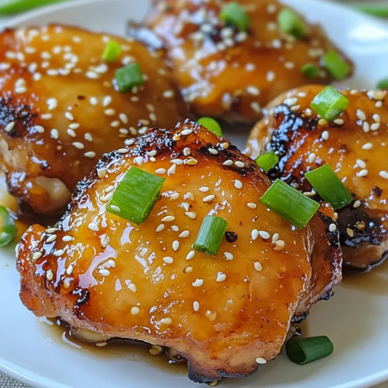 - 4 boneless, skinless chicken thighs - 1/4 cup soy sauce - 1/4 cup honey - 2 tablespoons rice vinegar - 2 cloves garlic, minced - 1 teaspoon fresh ginger, grated - 1 tablespoon sesame oil - 1/4 teaspoon red pepper flakes (optional) - 2 green onions, chopped - Sesame seeds {{ingredient_image_1}} To start, grab a mixing bowl. In it, whisk together the soy sauce, honey, rice vinegar, minced garlic, grated ginger, sesame oil, and red pepper flakes if you want some heat. This mix makes a sweet and savory marinade that clings to the chicken. Now, place the chicken thighs in a resealable bag or a shallow dish. Pour the marinade over the chicken, covering it well. Seal the bag or cover the dish, then refrigerate for at least 30 minutes. If you have time, let it sit for up to 2 hours. This gives the chicken more flavor. When you are ready to cook, preheat your grill or a non-stick skillet over medium-high heat. Take the chicken out of the marinade. Set aside the marinade for later use. Grill or sear the chicken thighs for about 6-7 minutes on each side. Use a meat thermometer to check for an internal temperature of 165°F (75°C). The chicken should look caramelized and delicious. While the chicken cooks, take the reserved marinade and pour it into a small saucepan. Bring it to a boil over medium heat. Let it simmer for 3-4 minutes until it thickens a bit. Once the chicken is done, brush this thickened glaze over the chicken thighs. Cook for one more minute to let the glaze stick. Remove the chicken from the heat and let it rest for a few minutes. You can slice it or serve it whole. For a pretty finish, garnish with chopped green onions and a sprinkle of sesame seeds. Enjoy your tasty Honey Soy Glazed Chicken! Marinating chicken adds flavor and makes it tender. I recommend at least 30 minutes for good taste. If you have more time, chill it for up to 2 hours. Longer marinating makes the chicken even better. Just remember, don’t go over two hours. The meat can get too salty if left too long. You can choose to grill or sear your chicken. Grilling gives a nice smoky flavor. It adds grill marks that look great on the plate. Searing in a skillet also works well. Use medium-high heat to get a lovely crust. Both methods cook the chicken evenly. Just ensure the internal temperature hits 165°F (75°C). To achieve the best glaze, save some marinade before cooking. After the chicken is done, boil the reserved marinade. This step thickens it, making it rich and sticky. Brush it over the chicken right before serving. The glaze adds a shiny finish and extra flavor. Garnish with green onions and sesame seeds for a nice touch. Pro Tips Marinate Longer for More Flavor: For the best flavor, marinate the chicken for at least 2 hours or overnight if possible. This allows the flavors to penetrate the meat more deeply. Use a Meat Thermometer: To ensure your chicken is perfectly cooked, use a meat thermometer. The internal temperature should reach 165°F (75°C) for safe consumption. Grill Marks for Presentation: For beautiful grill marks, avoid moving the chicken too soon. Let it sear for a few minutes before flipping it to achieve those appealing grill lines. Thicken Marinade for a Glaze: After cooking, simmer the reserved marinade to create a thicker glaze. This enhances the dish's presentation and adds an extra layer of flavor. {{image_2}} You can add colorful veggies to your honey soy glazed chicken. This makes your dish more balanced and fun. Try bell peppers, snap peas, or broccoli. Cut them into bite-sized pieces. Add them to the marinade with the chicken. When you cook the chicken, grill or sauté the veggies until they are tender. This adds great flavor and texture to your meal. Want some heat? Add more flavor with spices! Mix in red pepper flakes or sriracha to the marinade. Adjust the amount based on your taste. This spicy twist enhances the sweet and savory notes. You can also add chopped fresh chilies for a fresh kick. Serve with rice or noodles to balance the spice. You can swap chicken for tofu or salmon. For tofu, use firm or extra-firm types. Cut it into cubes and marinate as you would the chicken. Cook the tofu until golden brown. If using salmon, choose fillets. The cooking time will be shorter. Salmon cooks quickly, so watch it closely. Both options keep the delicious honey soy flavor while offering new textures. After cooking honey soy glazed chicken, let it cool down. Place the chicken in an airtight container. Store it in the fridge for up to three days. Keeping it sealed helps maintain flavor and moisture. When you’re ready to eat, simply take it out and enjoy. You can freeze honey soy glazed chicken for later! First, let the chicken cool completely. Then, wrap it tightly in plastic wrap or foil. Place it in a freezer-safe bag or container. It can last up to three months in the freezer. When you want to eat it, just thaw it in the fridge overnight. To reheat the chicken, use the oven for best results. Preheat your oven to 350°F (175°C). Place the chicken in a baking dish and cover it with foil. Heat for about 15-20 minutes, until it’s warm throughout. You can also use a microwave if you’re in a hurry. Just heat in short bursts, checking to prevent overcooking. Enjoy your tasty chicken again! Yes, you can use boneless chicken breasts. They are leaner than thighs. The cooking time may be shorter. Check for an internal temperature of 165°F. This way, you ensure they are safe to eat. You can use tamari, coconut aminos, or liquid aminos. These options are great for gluten-free diets. Each will give a slightly different flavor but will still work well in this recipe. The marinade can last up to 2 days in the fridge. Store it in a sealed container. If you want to use it longer, freeze it for later use. Just remember to defrost it before using. We covered how to make honey soy glazed chicken in this post. I shared key ingredients like chicken, marinades, and garnishes. The step-by-step guide helps you prepare, cook, and add finishing touches. Remember the tips for marinating and cooking methods for best results. You can also try variations with different ingredients or proteins. With proper storage, this dish stays fresh and tasty. Feel free to refer to the FAQs for common questions. Enjoy your cooking adventure!